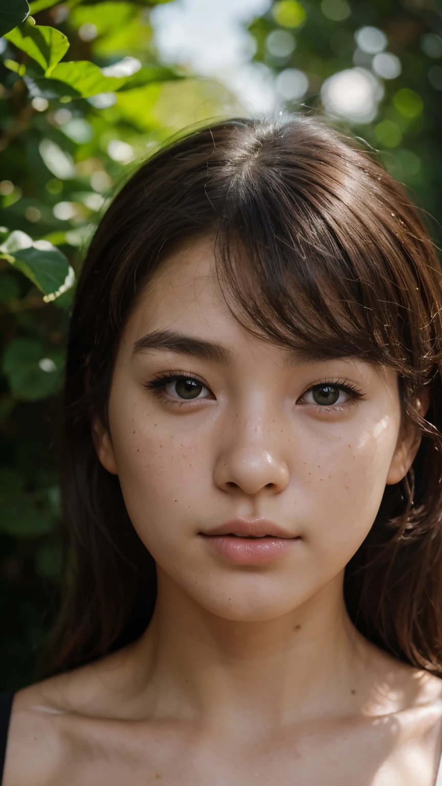 25 years old, girl, korean / asian, hyperrealistic photo, realistic skin texture, light freckles on nose, brown hair that is shoulder long, top that shows a bit of skin, portrait, small nose, green eyes, Meisterwerk, highest quality, facing the kamera straight, lipgloss