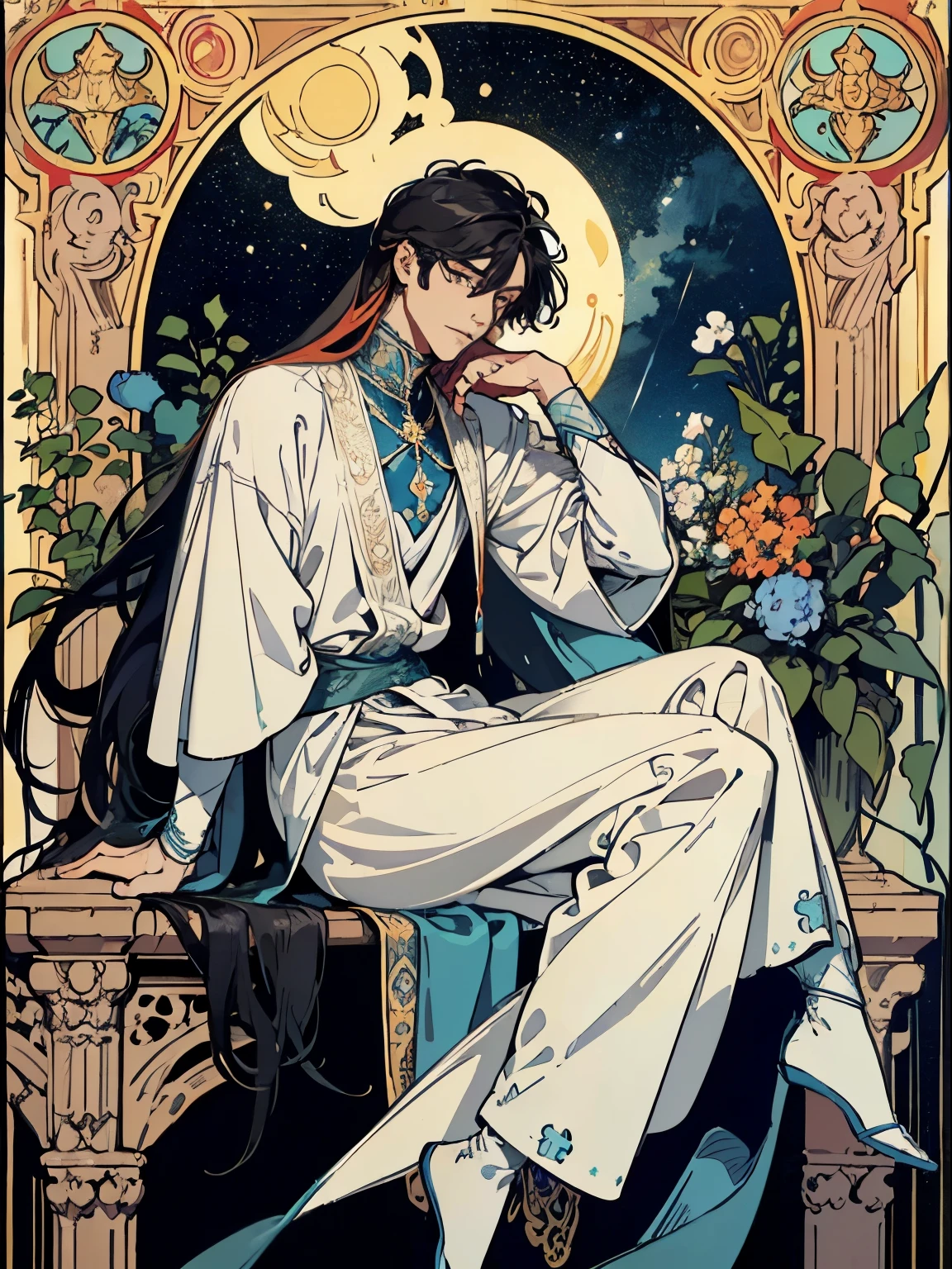 (Flat color:1.1),(Colorful:1.3),(Masterpiece:1.2), tarot: 1black hair man, moon in the starry night, white silk robe, divine, beautiful, Leon Scott Kennedy, Best quality, Masterpiece, Original, Full body photo of men,Very detailed wallpaper,Solo,Blue starry sky,tarot card layout,Best quality, Masterpiece, (Realistic:0.6), Realistic lighting,Flower frame, Decorative panels, abstract artistic, Alphonse Mucha (tmasterpiece, best qualtiy, A high resolution: 1.4), A detailed, Complicated details, 4K,cerulean, Line art, Fibonacci
