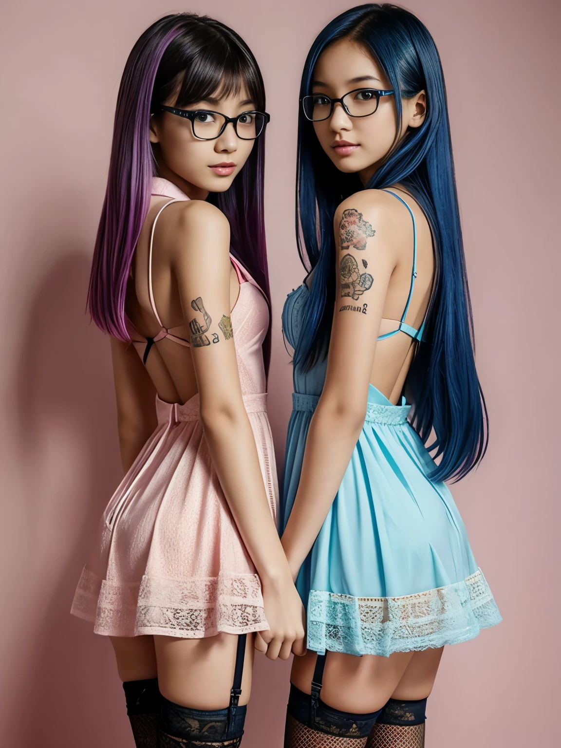 two 18 year old ten girls trying on cute clothes, two close friends, colored hair, collar, skinny body, detailed pupils, beautiful face, (perfect faces like young asian models), tattoo, touching each other, back straps, innocent expression, enticing, (full body showing legs), garter with stockings, good lighting, high heels, cute glasses, kawai cosplay girls, strapped colored dresses with cutouts slits, bright playful, thin model, cute young teirls