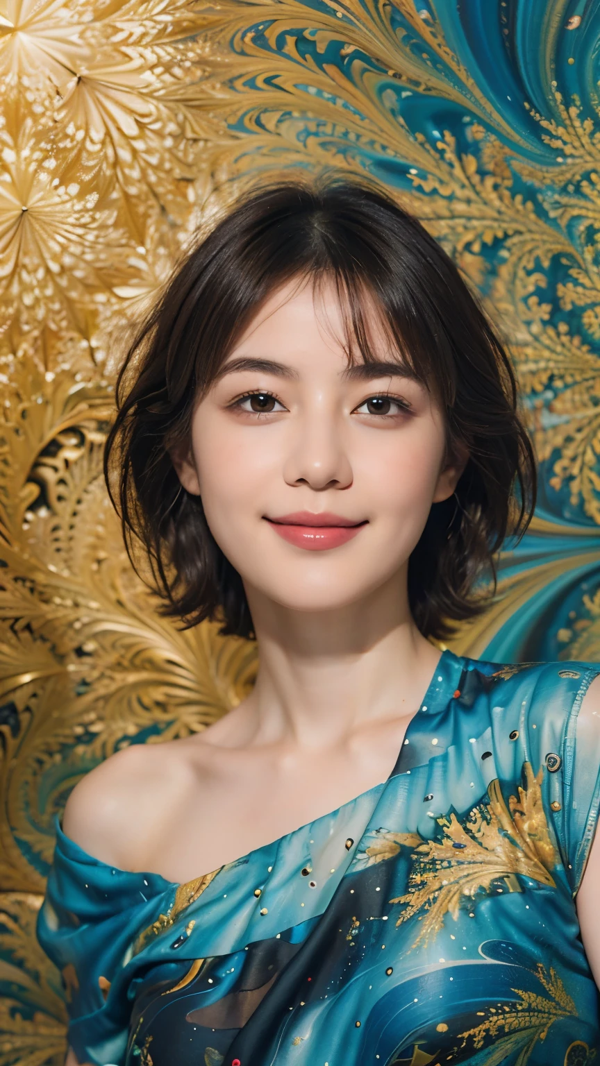 177 Short hair, 20 year old woman, gentle smile, (abstract background,fractal art:1.46)