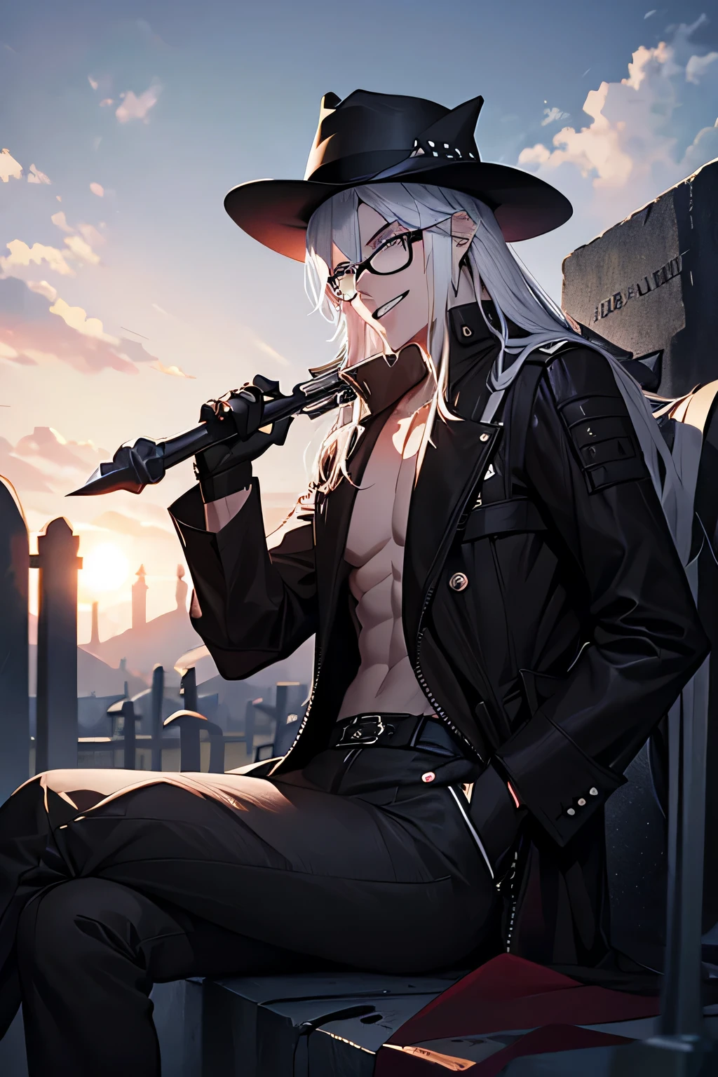 long black overCoat, black glasses, grin, we scored, White hair, open overCoat, black pants, normal belt, anime guy, Sitting on grave, night background, cemetery background, Tall Boy, shirtless, black hat, a man in long overCoat Sitting on a grave with his legs stretched out, 1 boy, male focus, gloves, One, black gloves, Sunglasses, Sitting, smile, black pants, mafia hat, black hat-федора, crazy face, gloomy facial expression, evil, pull out the inside of the shirt, press, best face, medium hair size, White hair, open clothes, Coat, fingerless black gloves, Cemetery fashion, grave digger, JoJo's art style, Jojo character, Side view, Viewing angle 45°, detailed shading, jojo blackout, High quality shadows, High detail