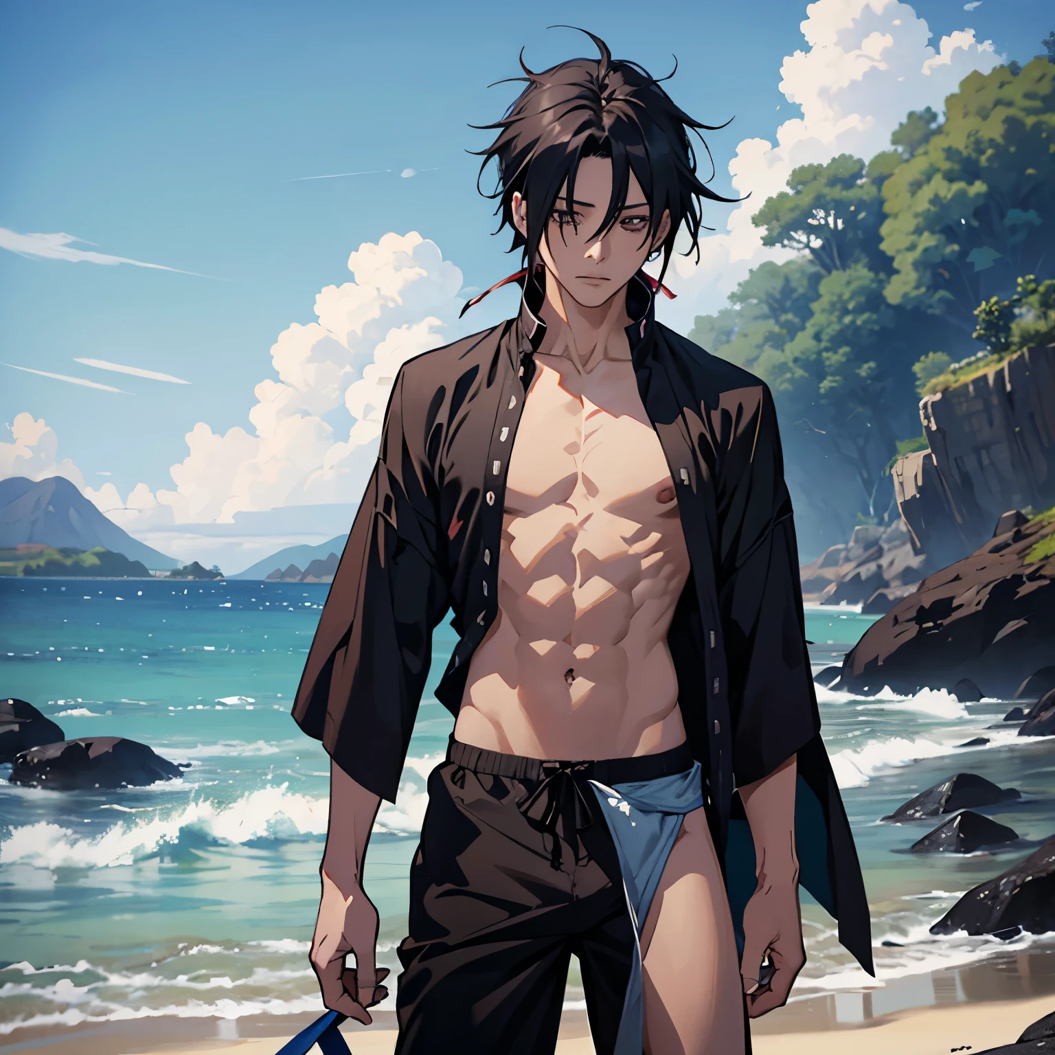 Sasuke Uchiha as a tall teenager without clothes and abs shown and underwear with bulge he's on the beach hiding from people because he is going to masturbate 