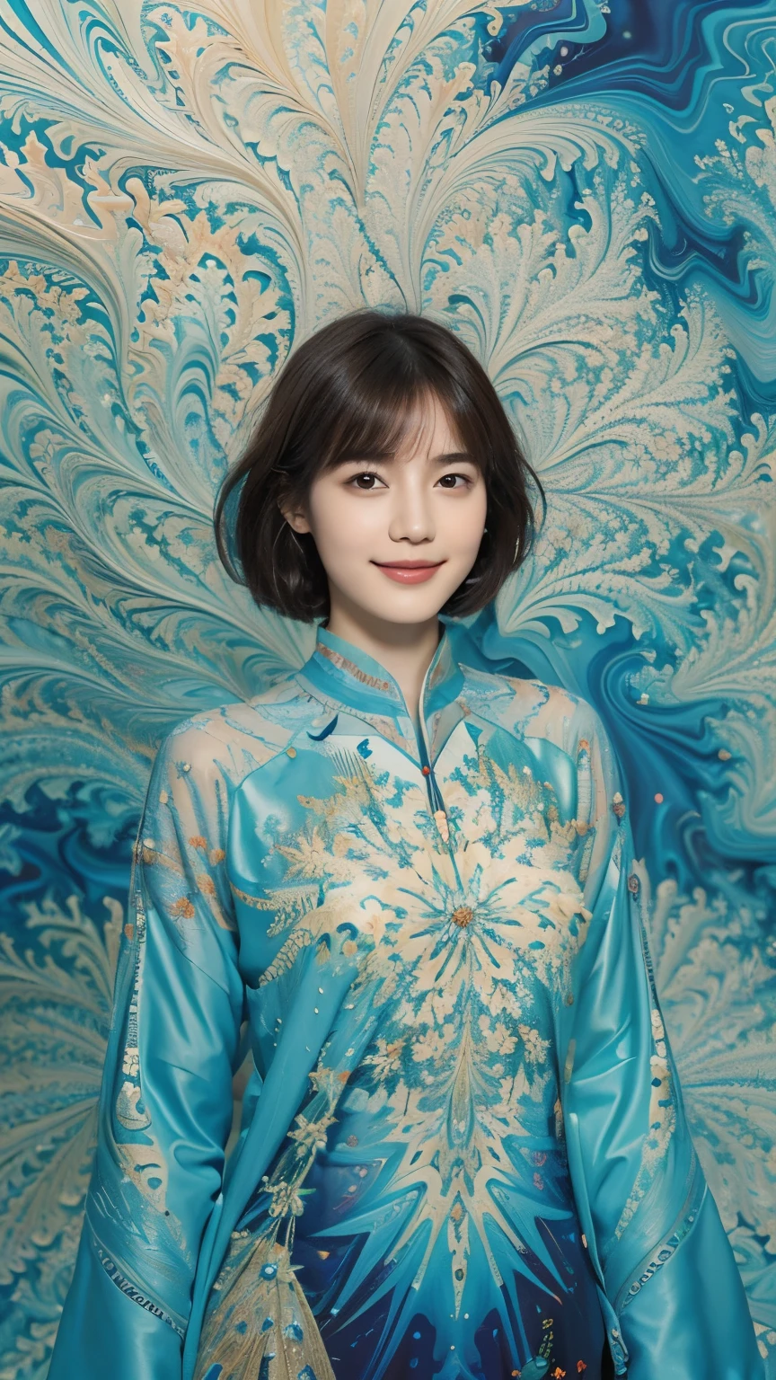177 Short hair, 20 year old woman, gentle smile, (abstract background,fractal art:1.46)