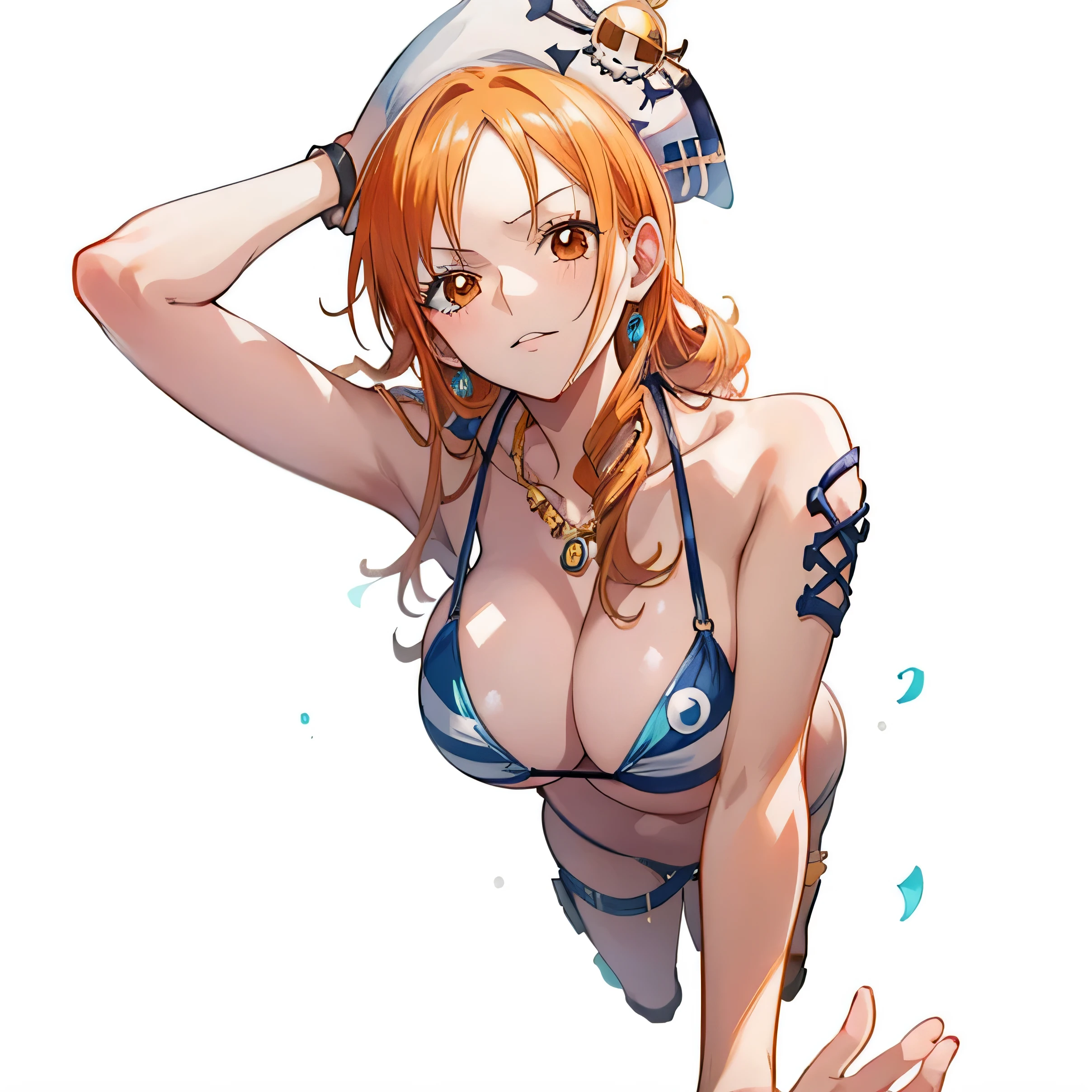 anime girl in a bikini with a pirate hat and a gold necklace, render of april, photorealistic anime girl render, nami from one piece, nami one piece, beautiful portrait of nami, seductive anime girl, nami, pixiv 3dcg, smooth anime cg art, [ 4 k digital art ]!!, realistic bikini, rin