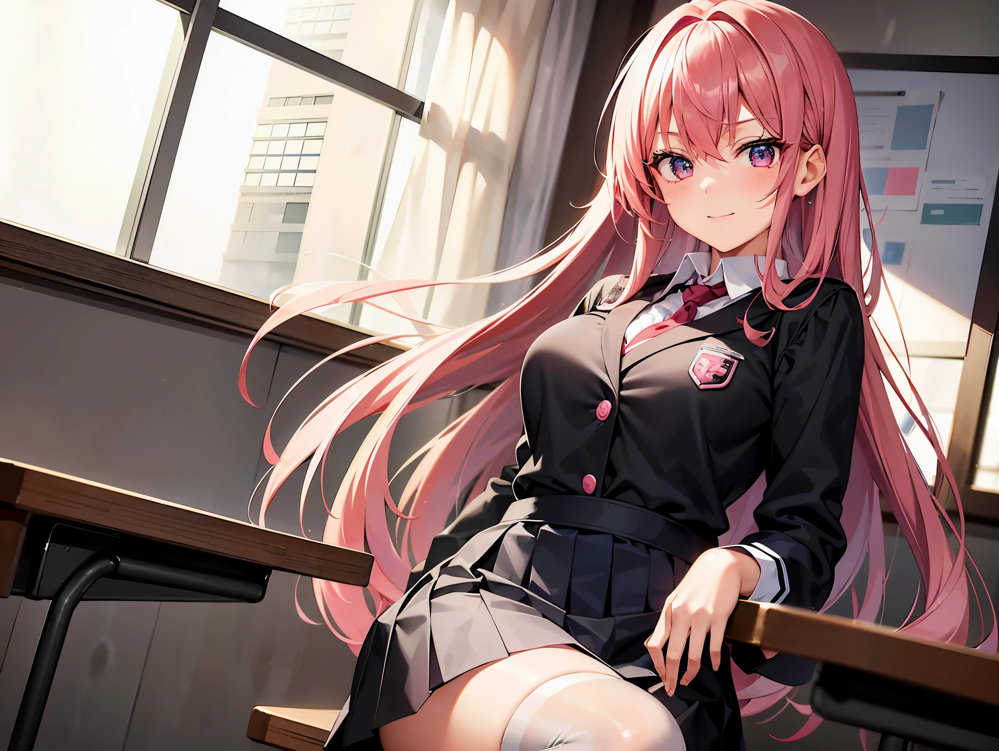 "Create an image of Sakura Fujiu, a high school student, inside a classroom. She is sitting in the last row, in the darkest corner of the room, with her long pink hair falling over her shoulders. Despite her imposing posture, she seems to be absorbed in her own thoughts, with a sweet smile playing on her lips. However, her eyes reveal a dark and calculating aura, suggesting that she is plotting something sinister while silently observing her classmates. She is wearing a classic black anime school uniform with a red tie and white stockings."