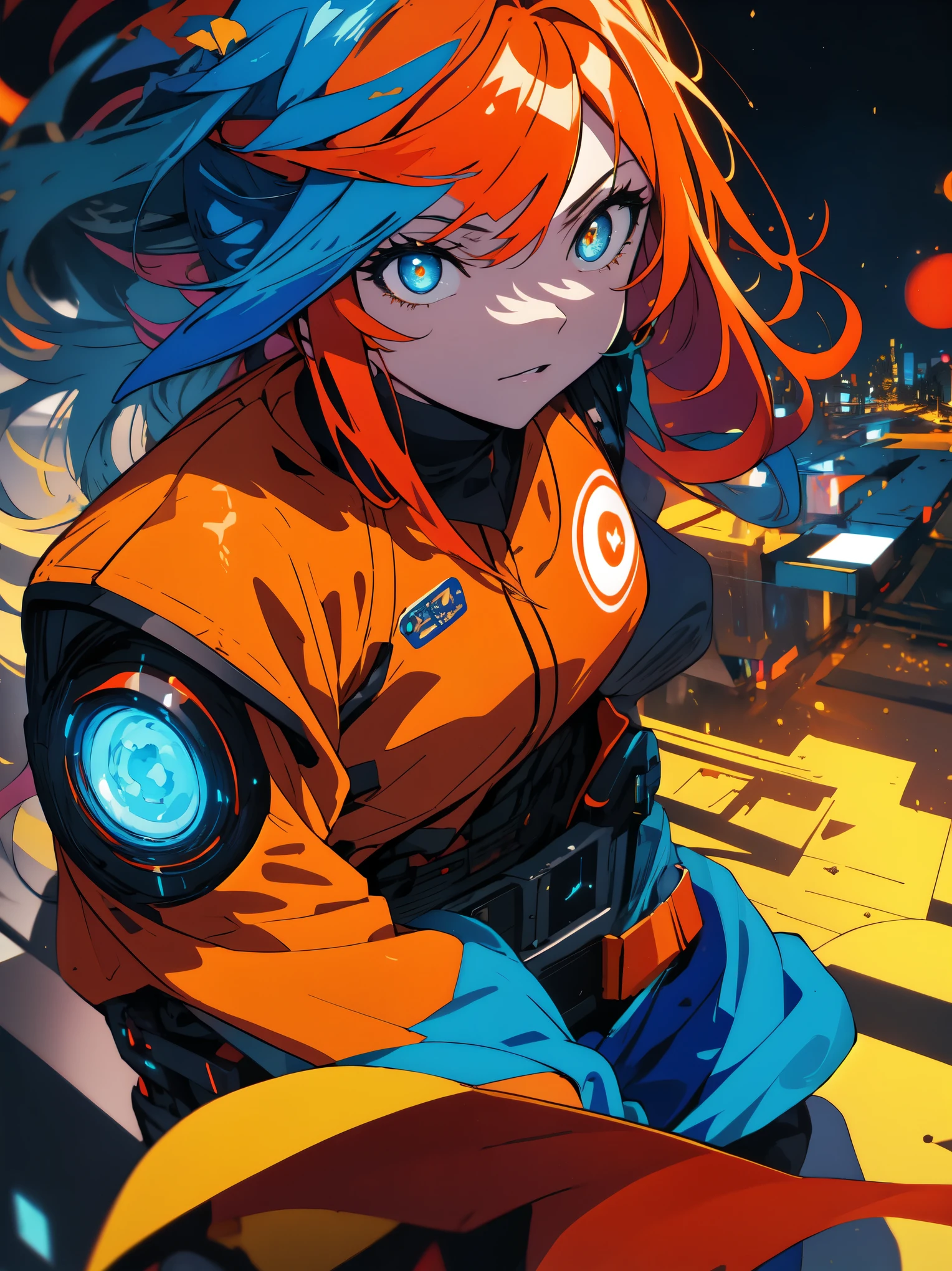 (highest quality、masterpiece、detailed)、(Shining eyes)、Girl with orange hair, wearing a blue cyberpunk costume, In a colorful meadow, At night、beautiful anime