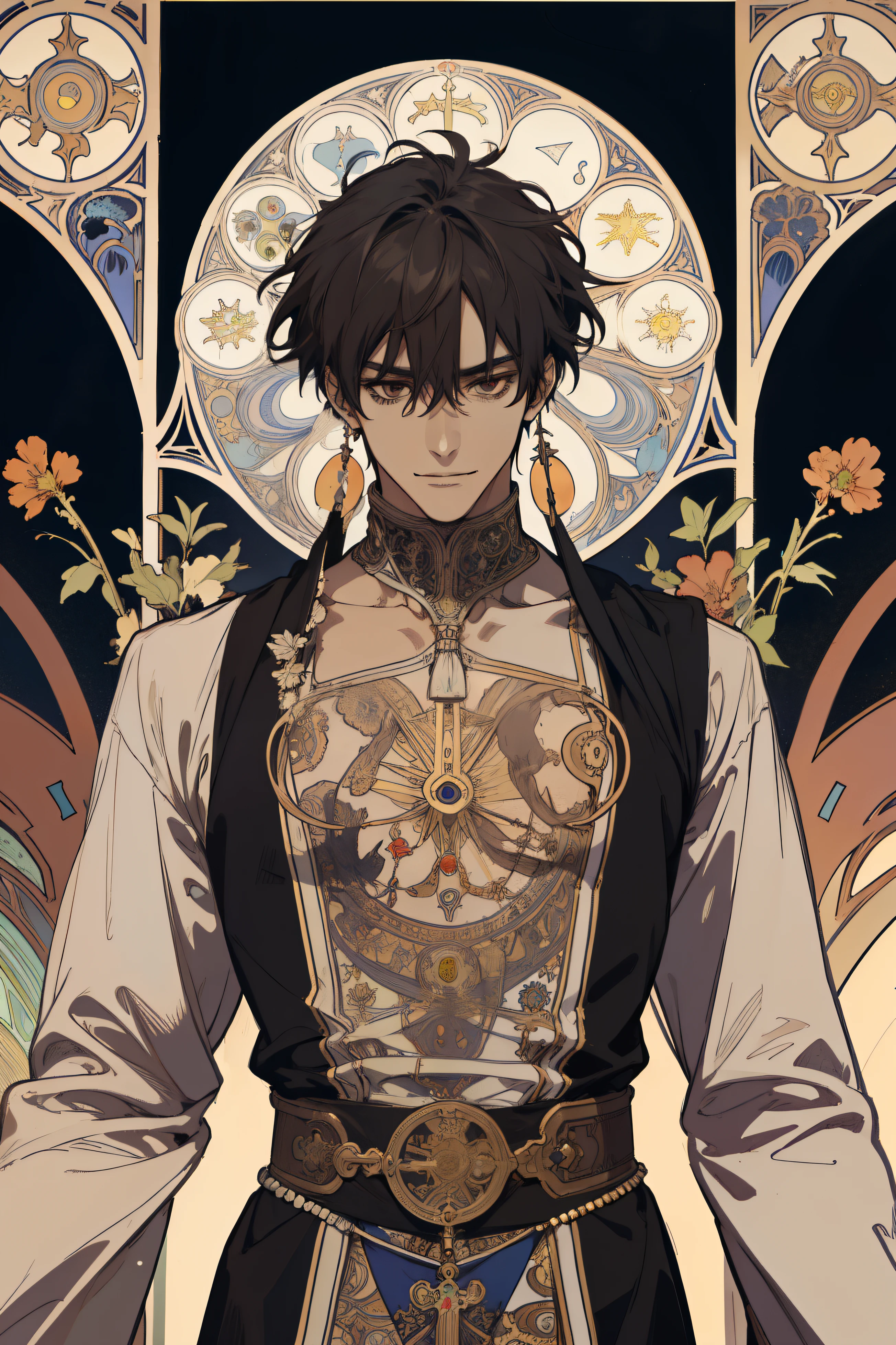 (absurdress, hight resolution, overdetalization), 1 male, grown up, short black disheveled hair, brown eye, A smirk on his face, cutest, tall muscular guy, wide shoulders, Detailed eyes and detailed face, fool \tarot\, bard, clown, Symbolism, visual art, occultism, Universal, Vision Casting, Philosophical, Iconography, Numerology, Popularity, an artistic, by Alphonse Mucha