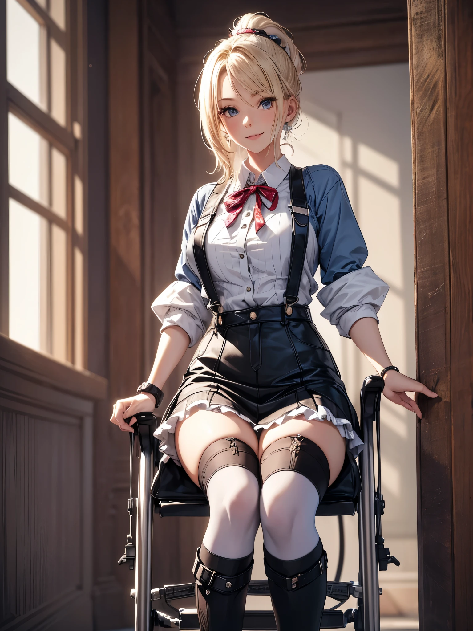 Inside the hotel,one girl,she’s riding a wheelchair,she’s rowling a wheelchair,short blonde hair,ponytail,smile,grin,ribbon,blouse,suspenders skirt,knee pads,black long boots with many belts,(best quality,4k,8k,highres,masterpiece:1.2),ultra-detailed,(realistic,photorealistic,photo-realistic:1.37),HDR,UHD,studio lighting,extreme detail description,professional,vivid colors,portraits