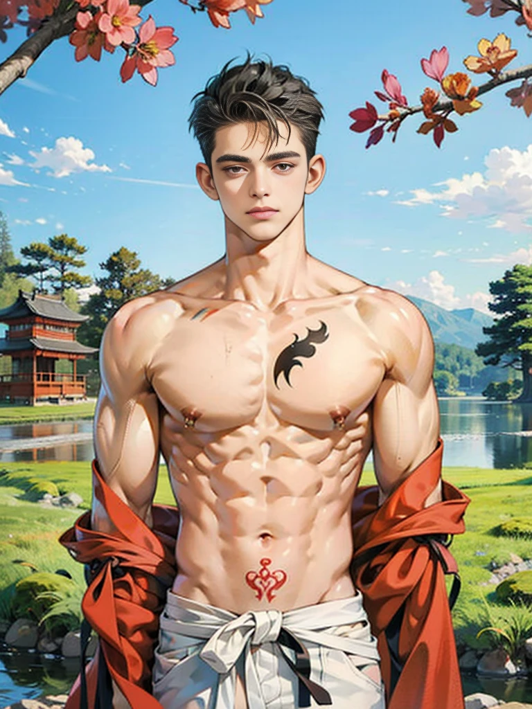 1boy,10 talentan's :2) ,Handsome boy,A dark-haired、tattooed、(Upper body naked:1.5)、katanas,arms folded、bath robe、Japanese garden、ink and watercolor painting、Chinese charactersa、dark ilumination、hightquality、masutepiece,8K,NSFW,