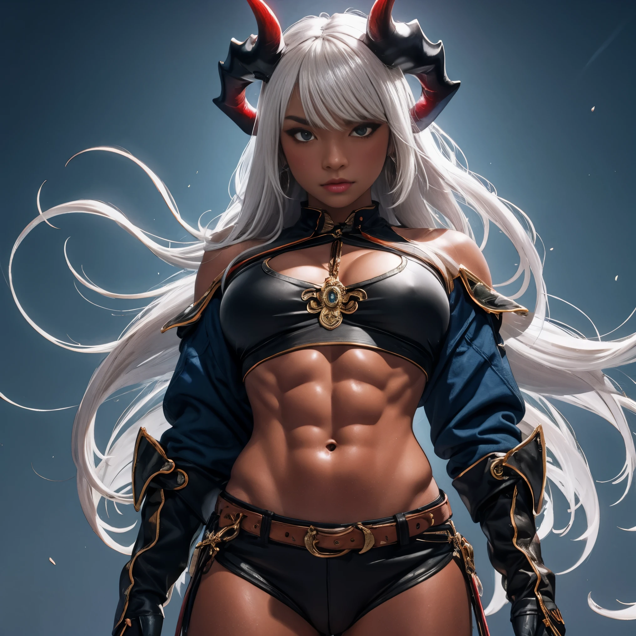masterpiece, 8k resolution, high quality, high resolution, best quality, extremally detailed, best resolution, absurd resolution, ray tracing, high detailed, extremely detailed,detailed face, shoulder length white hair, female oni,two red horns on her head, muscular body, dark blue skin, scars, six pack abs, exposed midriff, tall, solo female