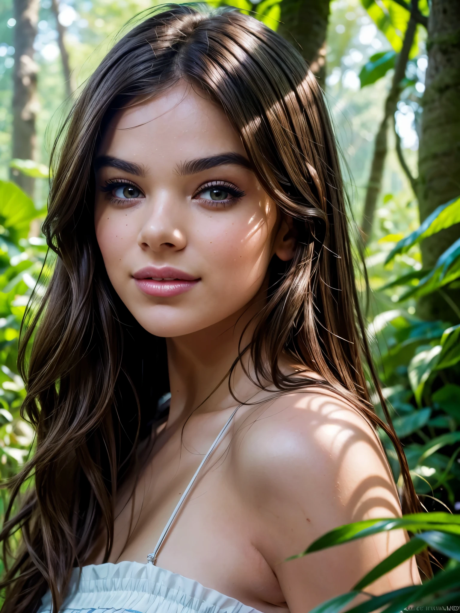 A close-up of a beautiful, STUNNING brunette woman with cascading dark highlights, pastel in a lush forest glade, her perfect eyes sparkling with joy at the beach