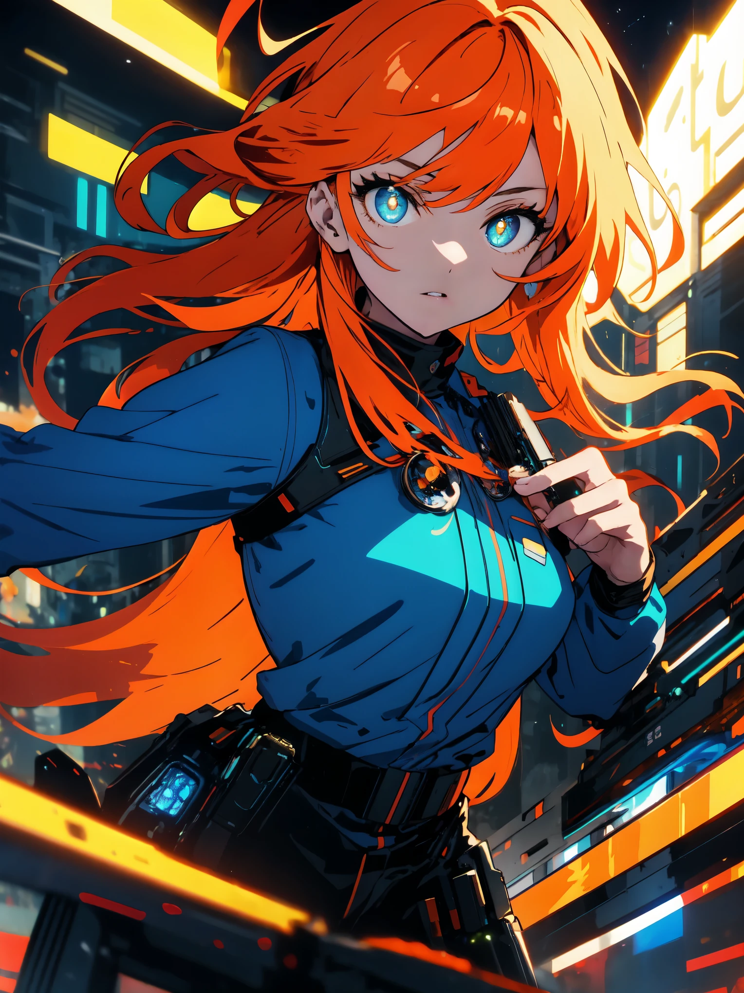 (highest quality、masterpiece、detailed)、(Shining eyes)、Girl with orange hair, wearing a blue cyberpunk costume, In a colorful meadow, At night、beautiful anime