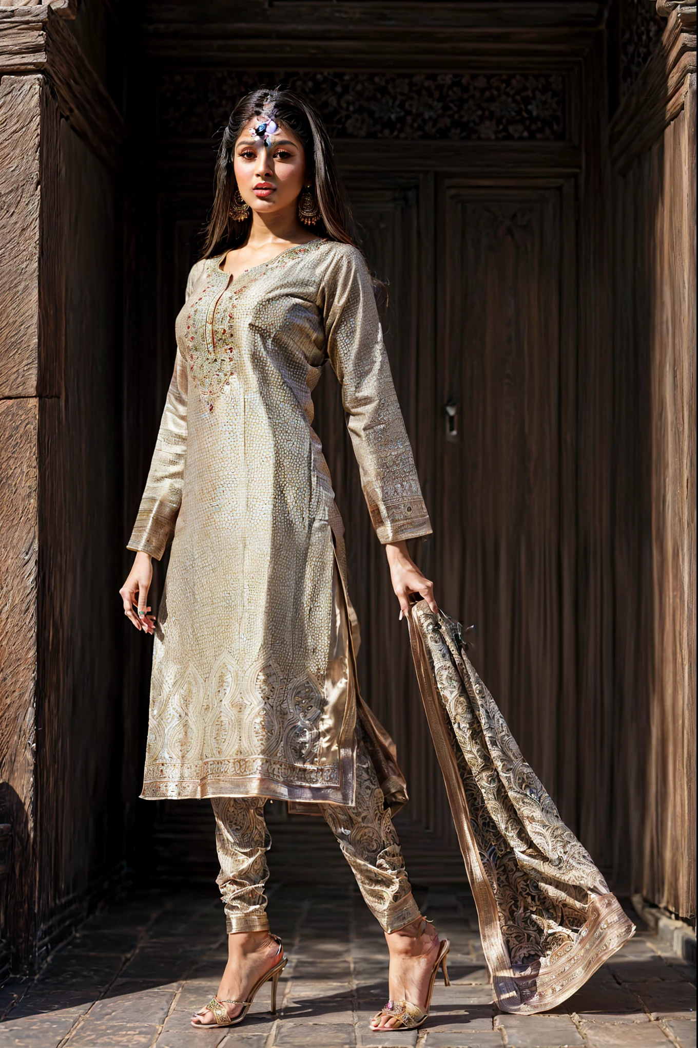 (full body shot:1.5), (Masterpiece:1.1), (beautiful girl in Indian outfits), (standing on garden), 1girl, solo girl, 20 year old woman, ultra realistic face, hyperrealistic, hyperdetailed, (looking at viewers), sharpen, detailed face, detailed eyes, detailed lips, red lips, beautiful face, 16k, FHD, raw photo, pretty face mesh, beautiful hair style, intricate, extremely detailed, (perky breasts, perfect rounded breasts), ultra realistic texture, smooth skin, realistic face, glow lip, glow face, very_high_resolution, natural lighting, natural brightness, perfect figure, fit body, (fancy high heel), hair ornaments, ((fancy suit, Women Printed Viscose Rayon Straight Kurta)), 