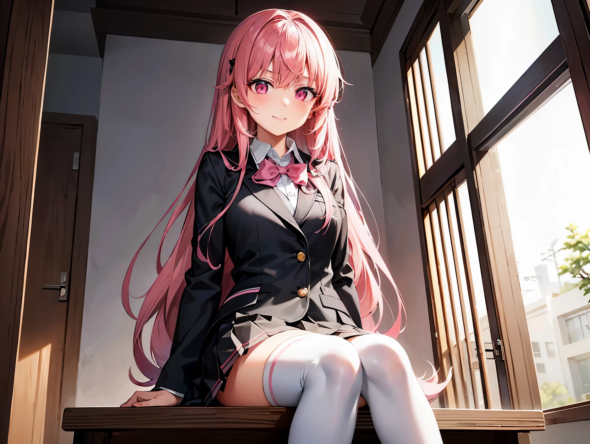 "Create an image of Sakura Fujiu, a high school student, inside a classroom. She is sitting in the last row, in the darkest corner of the room, with her long pink hair falling over her shoulders. Despite her imposing posture, she seems to be absorbed in her own thoughts, with a sweet smile playing on her lips. However, her eyes reveal a dark and calculating aura, suggesting that she is plotting something sinister while silently observing her classmates. She is wearing a classic black anime school uniform with a red tie and white stockings.", ((pink eyes)).