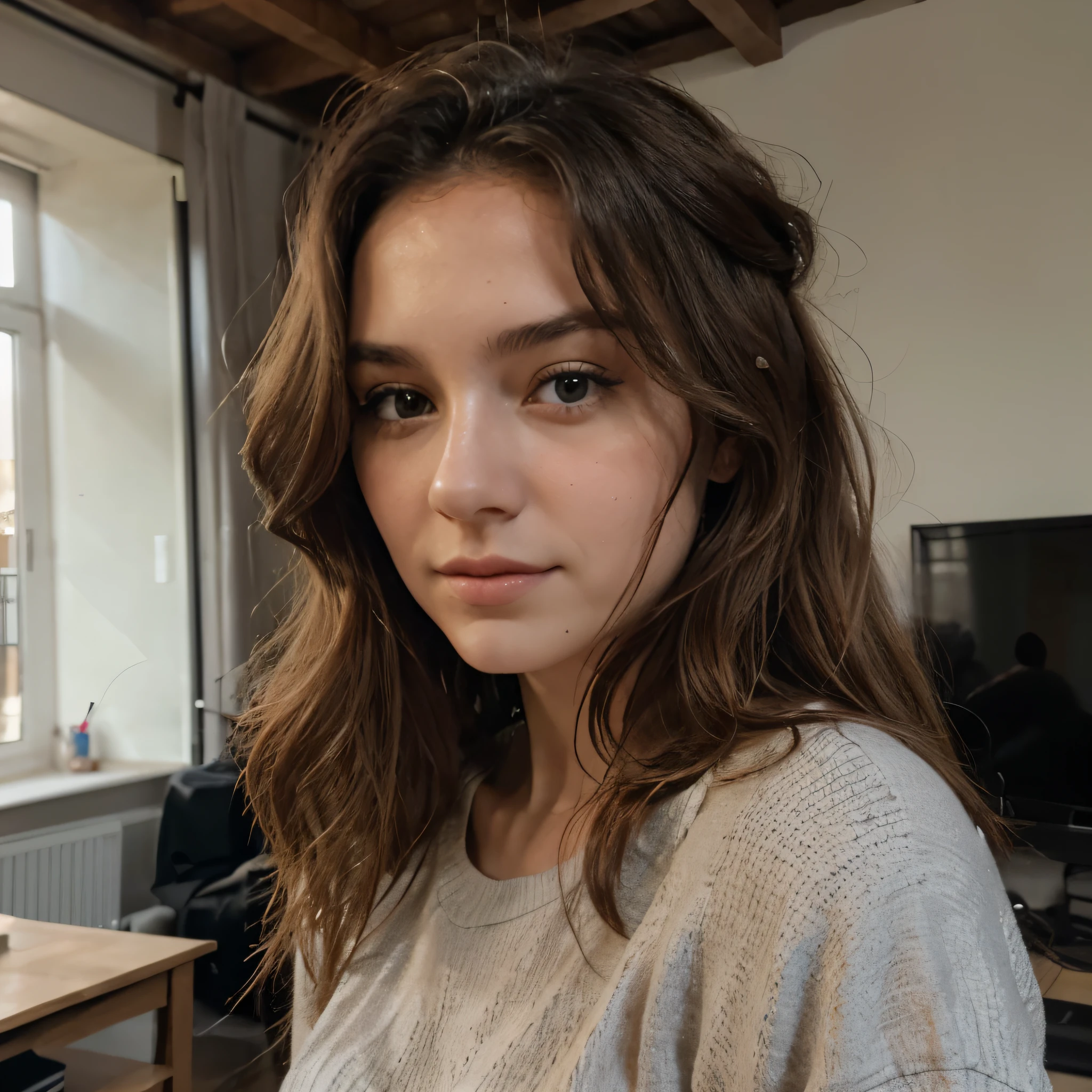 Femme 18 ans, wavy hair, yeux gris , maigre , bouche pulpeuse,