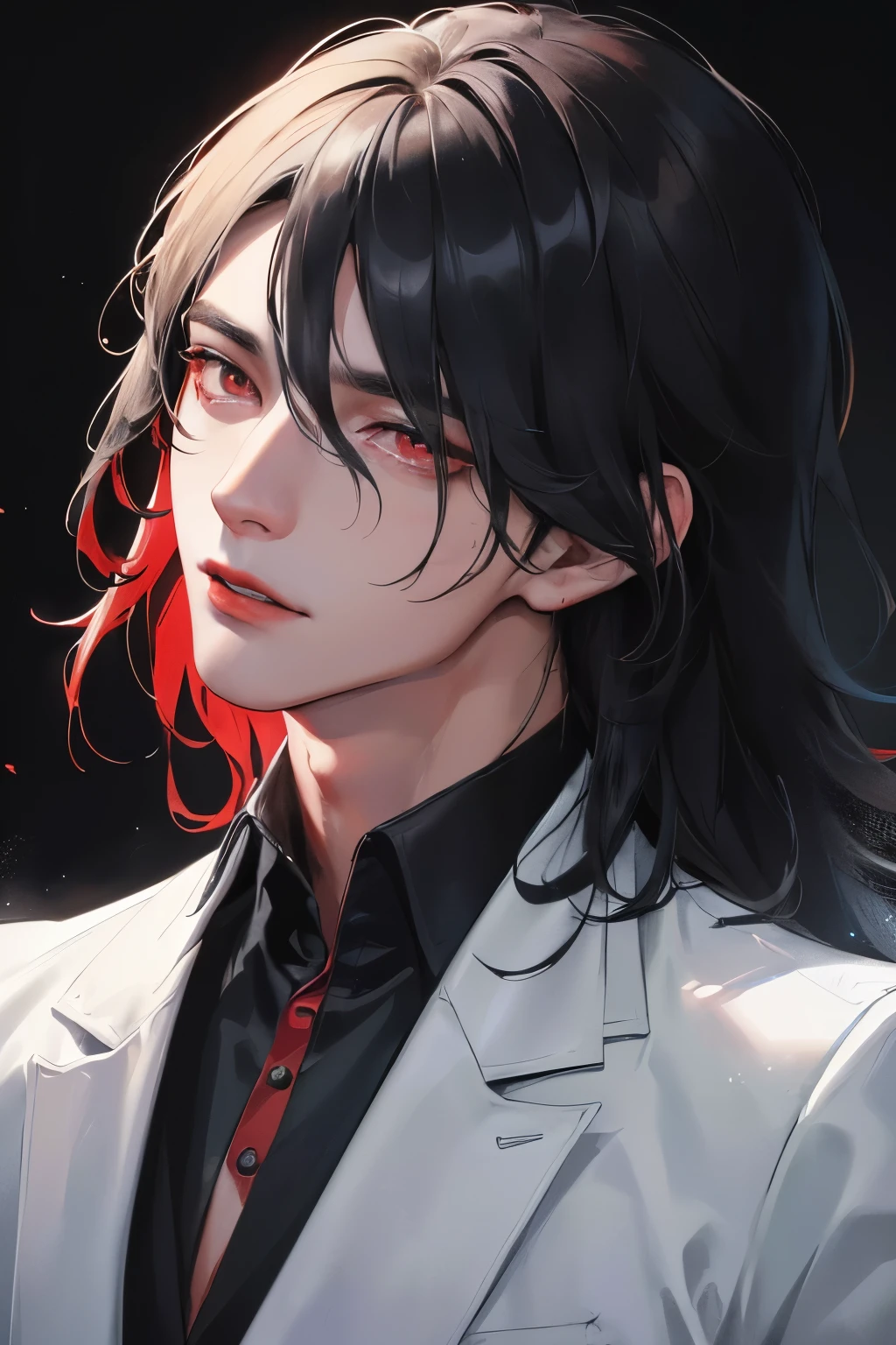 Official art, Masterpiece, 1 boy, sharp focus, (Korean:1.3), (handsome korean:1.3), корейский handsome, Delicate and masculine hair, eyes and face, Realistic, ultra detailed, handsome, luminous white particle, (side lighting:1.2), landscape, black hair, cool expression, Dynamic hair, detailed black hair, glowing red eyes, sexual, in the dark, deep shadow, restrained, cold light, dynamic light, cinematic lighting, cinematic lighting, Mature man, face close up, face detail, red lips detail, very detail eyes, detail faces, face detail, detail, utra detail, very detail, highly detail,