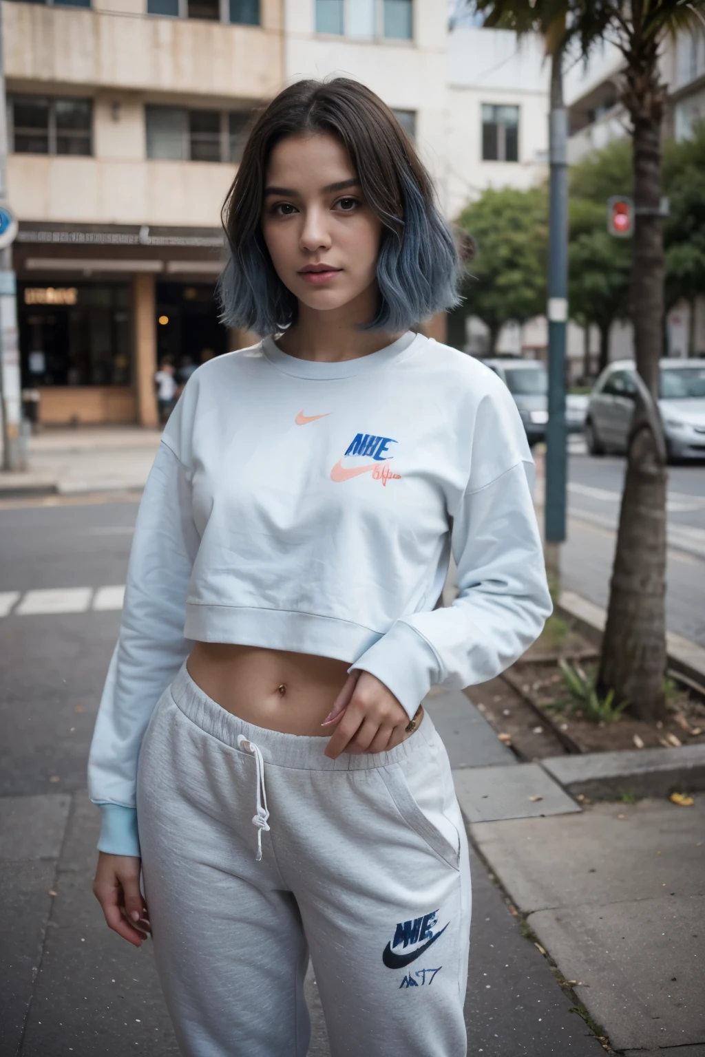 mulher bonita com cabelo turquesa (cabelo azul), sardas claras, na poltrona, wearing white sweatpants and Nike sweatshirt, Corpo fino, ajustar, coxas grossas, dreamy and romantic compositions