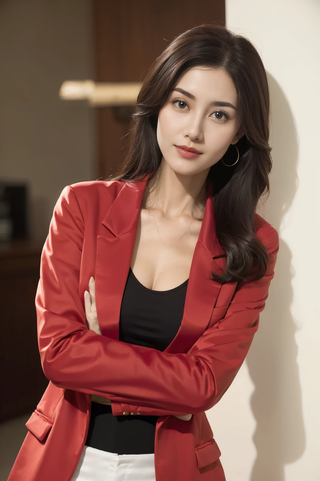 Beautiful girl in red blazer , cleavege 