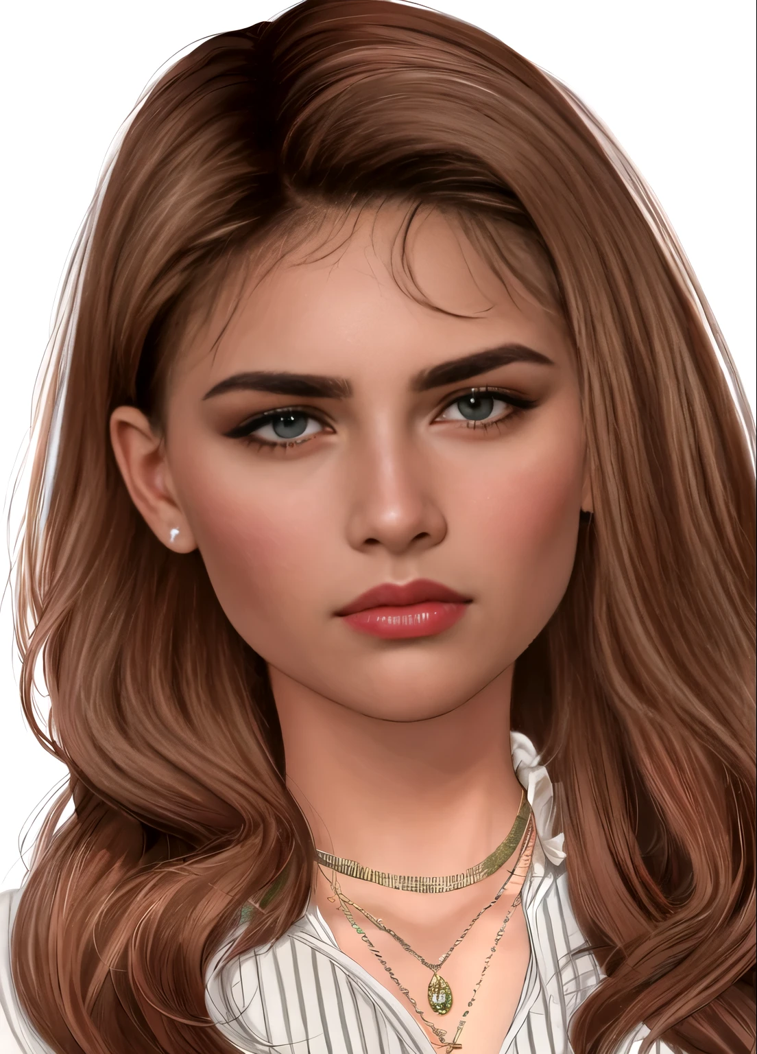 um close de uma mulher com cabelos longos usando um colar, rosto detalhado realista, rosto realista detalhado, pele brilhante, rosto realmente detalhado, avatar da segunda vida, adolescente hiperrealista, highly rosto realista detalhado, inspirado em Emma Andijewska, rosto detalhado e realista, inspirado em Dulah Marie Evans, rosto realista e detalhado, rosto ultra realista, mesmo tom de pele