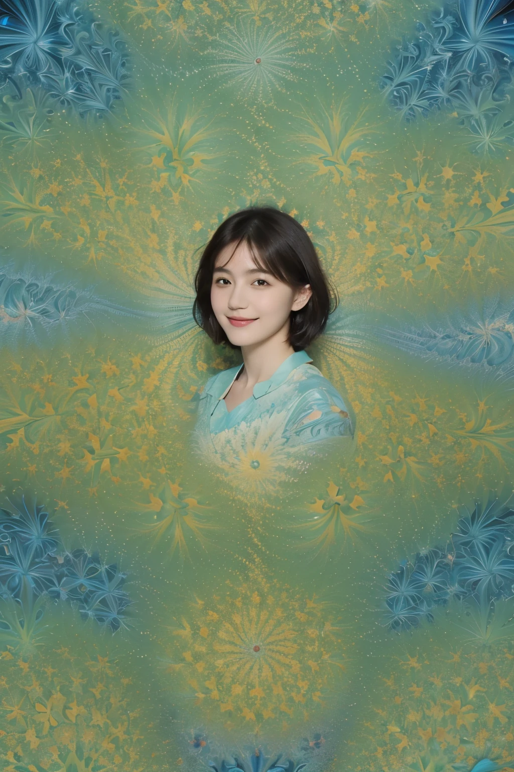 177 Short hair, 20 year old woman, gentle smile, (abstract background,fractal art:1.46)