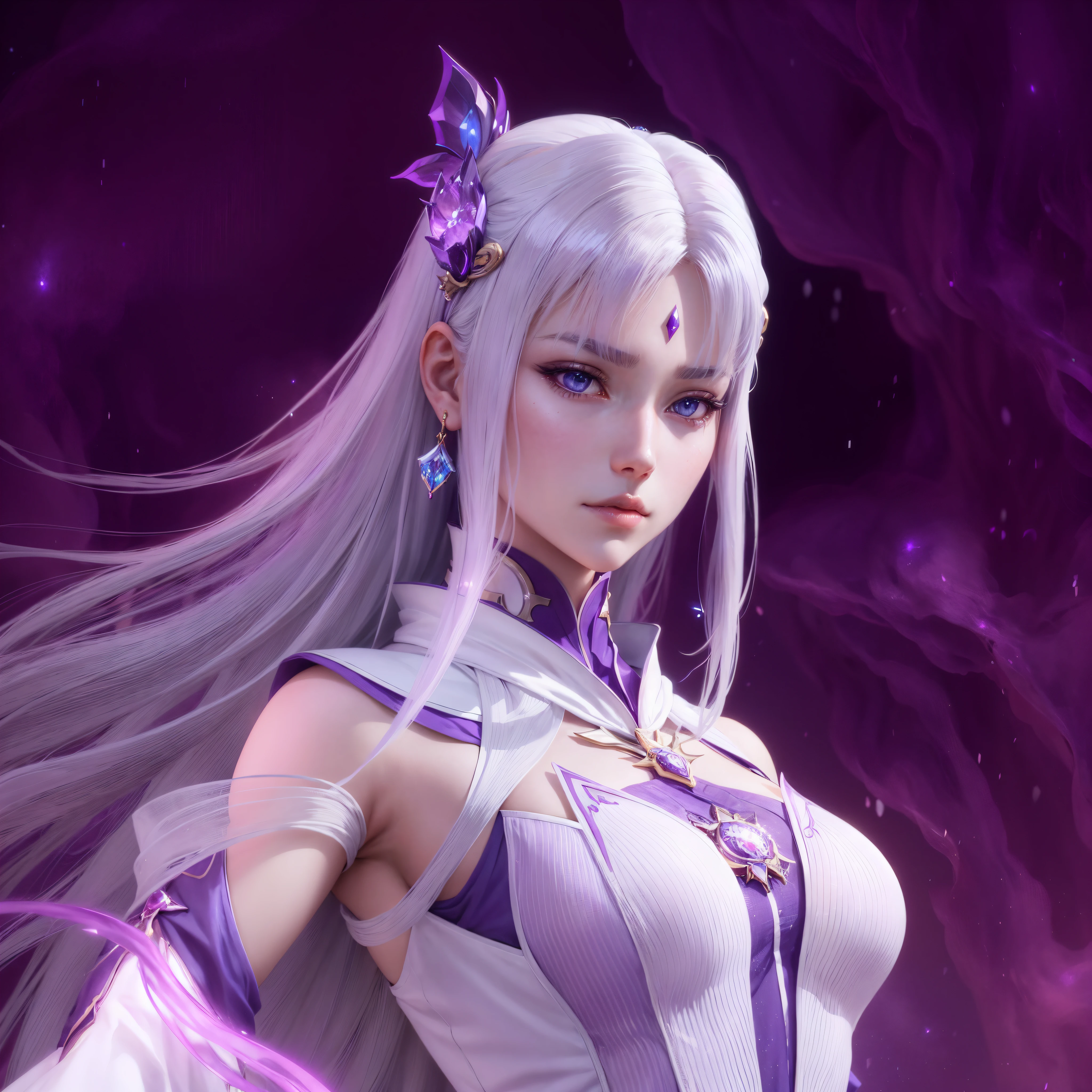 Um cabelo comprido、Close-up de uma mulher de vestido roxo, 2. Arte de fantasia de anime CGI 5D, Portrait of Knight of the Zodiac, arte cg de anime suave, bela imperatriz de fantasia, lindo mago celestial, deus de cabelos brancos, 8k 3D rendering character art, linda mulher atraente de anime, belo anime de fantasia, zodiac knight girl, linda bruxa feminina