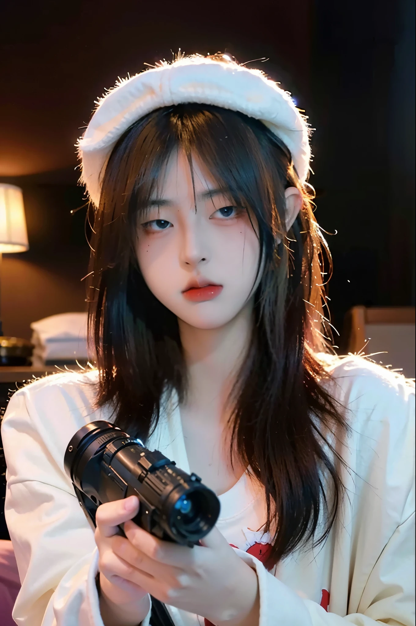 (8k, RAW photo:1.2)detailed face and eyes,最high quality, 超A high resolution, very detailed ,intricate details、bedroom、Holding a gun、pretty girl , soft movie-like light, hyper detail,sharp focus, high quality, dripping from, mafia hat, mafia outfit