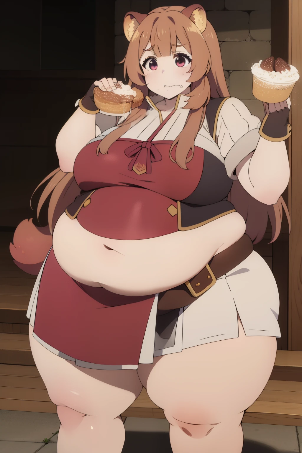 Raphtalia fat, force feed, obese, fat, fatter, round, rotund, cursed, food in the hands, grab belly, overeating, stuffed raccoon, burp, burping, scared, red suit, massive fat, huge fat, glutton, gluttony, gluttonous, voracious, force feeding, fliying food, Overfeedind, Eating a lot, Fill your mout, Full, eater, hungry, belly hunger, ravenous, fat belly, obese belly, round belly, overfeeded belly, gigantic belly, belt pop