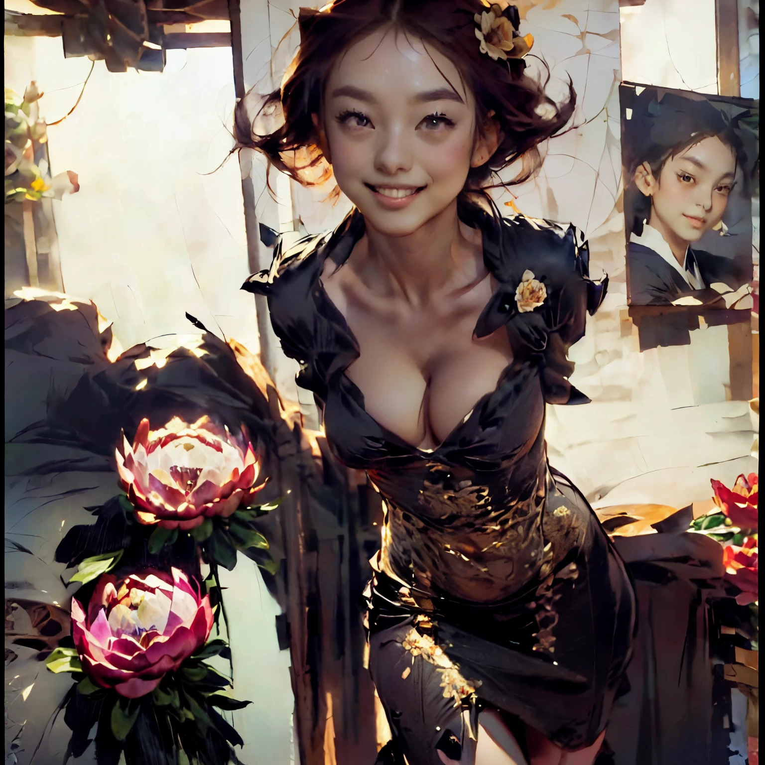 ((Masterpiece, Best quality: 1.2))_((Top quality, oil painting, virtuoso execution, wonderful masters))_((Final fantasy (Yuna),(young girl - , nude, full growth, naked body, dark hair, light skin, scarlet lips, smile; black, expressive eyes, long eyelashes))_((Girl with brown hair, dressed; black translucent chiffon dress, gold line, very short peignoir dress ), (calm relaxed pose, hair fluttering in the wind, half turn, looking at the viewer, stylish girl model))_((Beautiful character painting, soft anime computer graphics, realistic anime art, sexy girl, photorealistic anime rendering -girls, painting-realism, digital art))_ ((Background- flower garden, pictorial writing, stylized- virtuoso brushwork, graphic, (stunning; flowers lilies, peonies, chrysanthemumodern style)_(High quality, masterpiece)). ((Create MAxZenArt))!