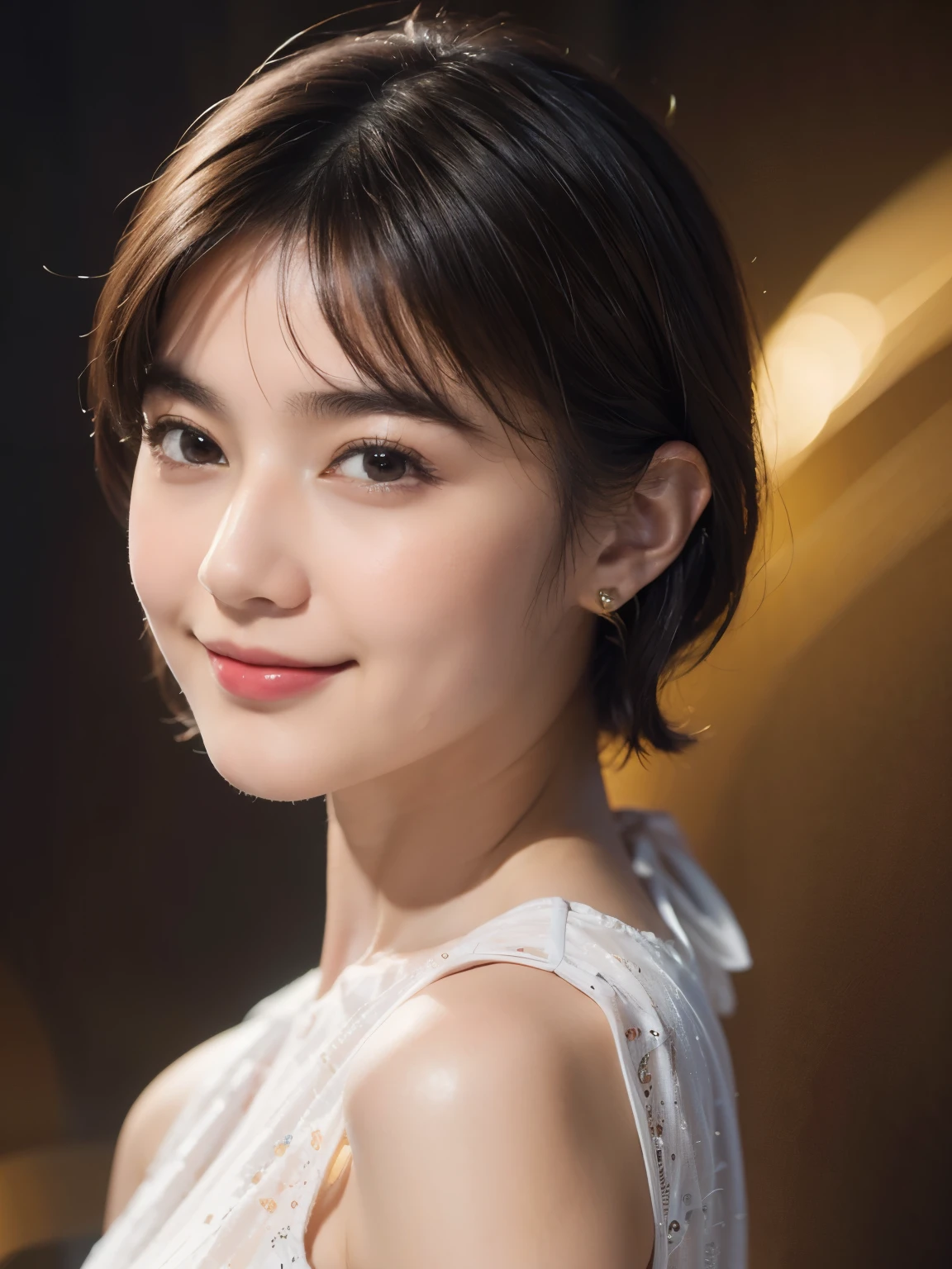 177 Short hair, 20 year old woman, gentle smile, (abstract background,fractal art:1.46)
