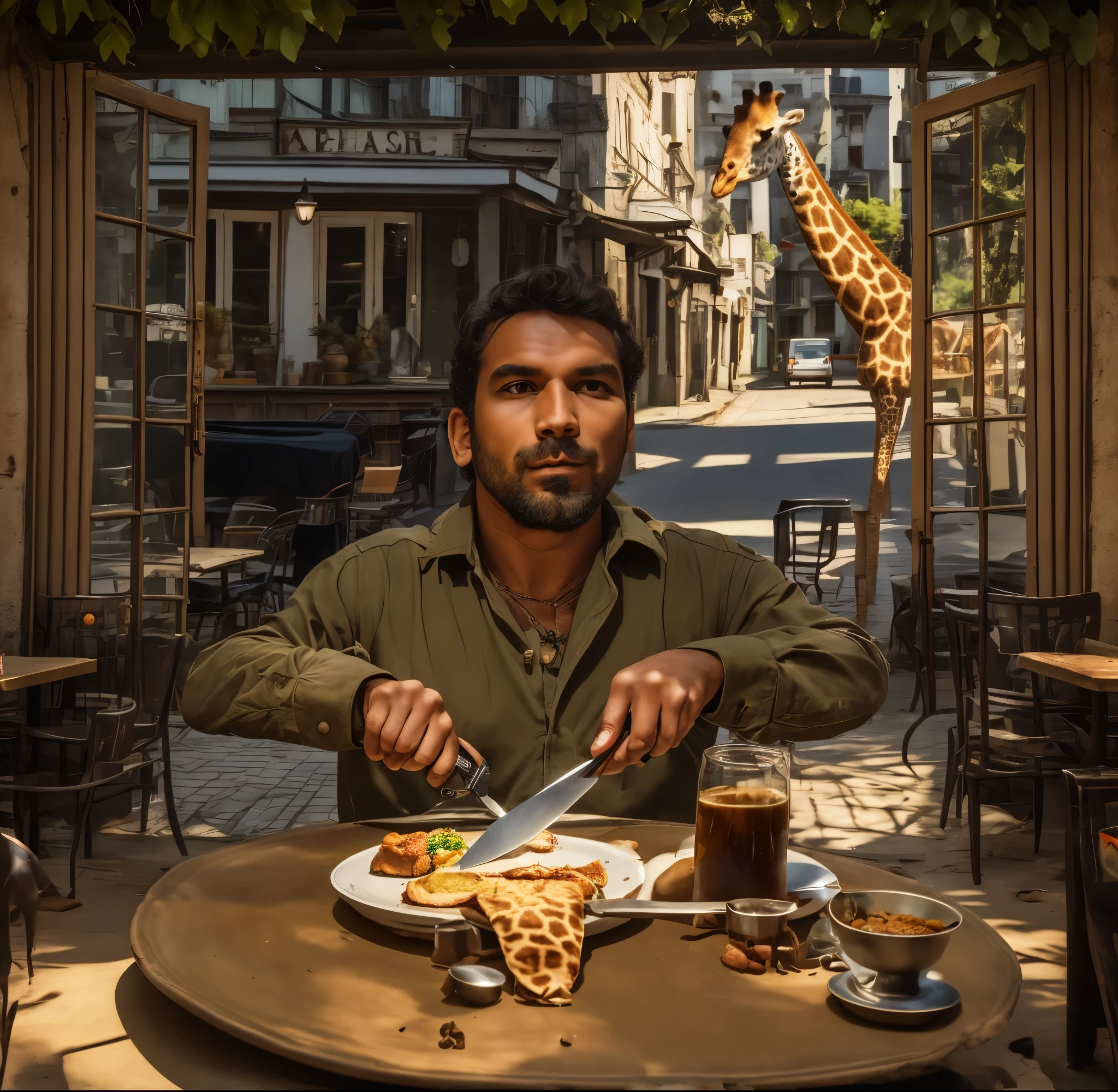 A man in a street cafe is cutting food with a knife the food looks like a pocket watch, the food is hanging from the plate. Behind the man's back, a giraffe walks down a sunset street with flames instead of a mane