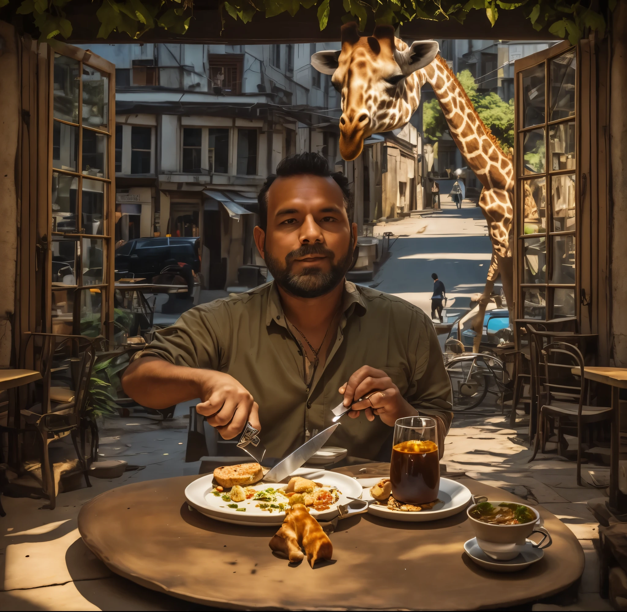 A man in a street cafe is cutting food with a knife the food looks like a pocket watch, the food is hanging from the plate. Behind the man's back, a giraffe walks down a sunset street with flames instead of a mane
