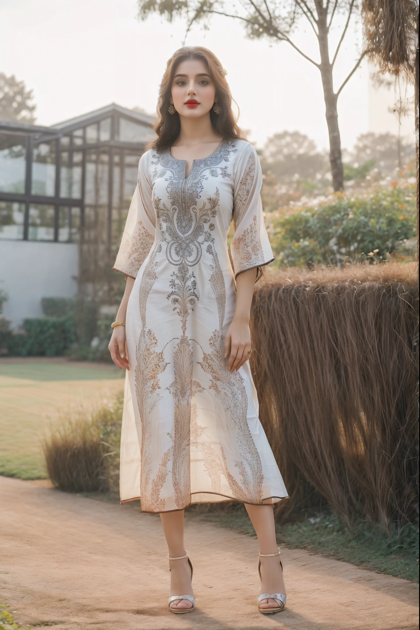 (full body shot:1.5), (Masterpiece:1.1), (beautiful girl in Indian outfits), (standing on garden), 1girl, solo girl, 20 year old woman, ultra realistic face, hyperrealistic, hyperdetailed, (looking at viewers), sharpen, detailed face, detailed eyes, detailed lips, red lips, beautiful face, 16k, FHD, raw photo, pretty face mesh, beautiful hair style, intricate, extremely detailed, (perky breasts, perfect rounded breasts), ultra realistic texture, smooth skin, realistic face, glow lip, glow face, very_high_resolution, natural lighting, natural brightness, perfect figure, fit body, (fancy high heel), hair ornaments, ((fancy suit, Women Printed Viscose Rayon Straight Kurta)),