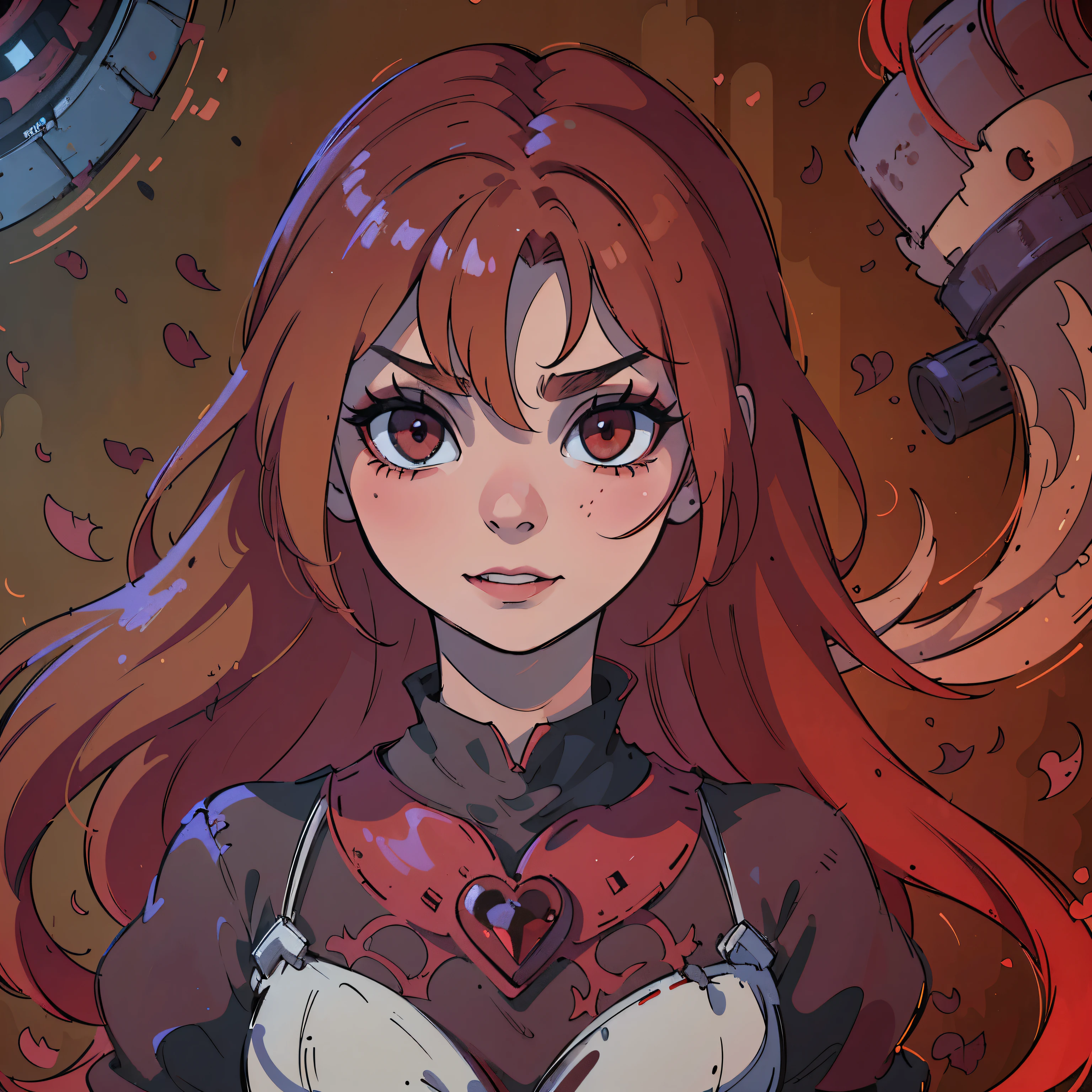 (melhor qualidade,4k,8K,high resolution,obra de arte:1.2),ultra-detalhado,(Realista,photoRealista,photo-Realista:1.37),cabelo vermelho sangue,olhos vermelhos de sangue,olhos e rosto extremamente detalhados,pele mais clara, Dentes detalhados,cores vivas,sombras escuras,dramatic lighting,Gothic,Horror,retrato,cabelo muito ruivo,lindo nariz,sorriso, Do not change the hair bangs.