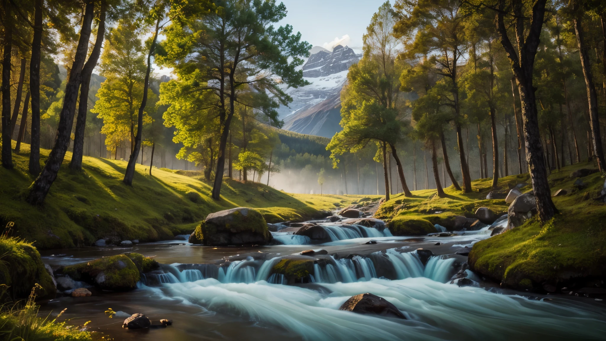 pintura de uma cena de montanha com um riacho e um celeiro vermelho, por Franz Hegi, Stefan Koidl inspirado, vale da montanha, in a vale da montanha, 8K HD Detailed Oil Painting, beautiful matte oil painting, vila escondida na floresta, por Adolf Born, pintura detalhada 4k, por Johannes Voss, Paisagem norueguesa, aldeia na floresta
