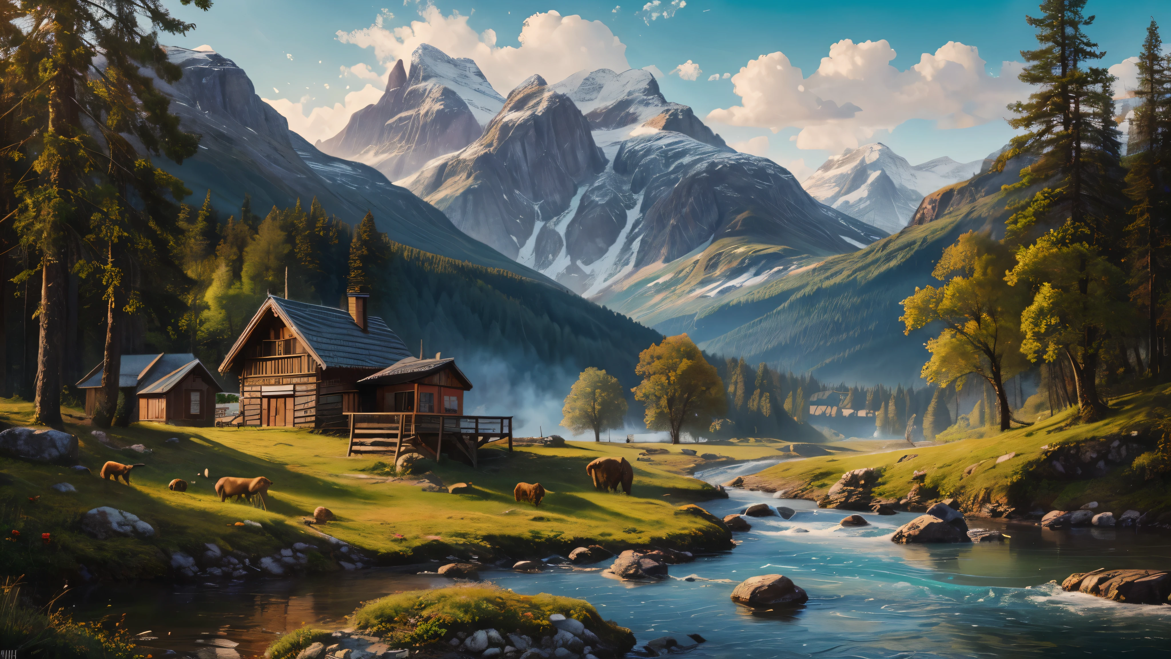 pintura de uma cena de montanha com um riacho e um celeiro vermelho, por Franz Hegi, Stefan Koidl inspirado, vale da montanha, in a vale da montanha, detailed oil painting 8K HD, beautiful matte oil painting, vila escondida na floresta, por Adolf Born, pintura detalhada 4k, Direction: Johannes Voss, Paisagem norueguesa, aldeia na floresta
