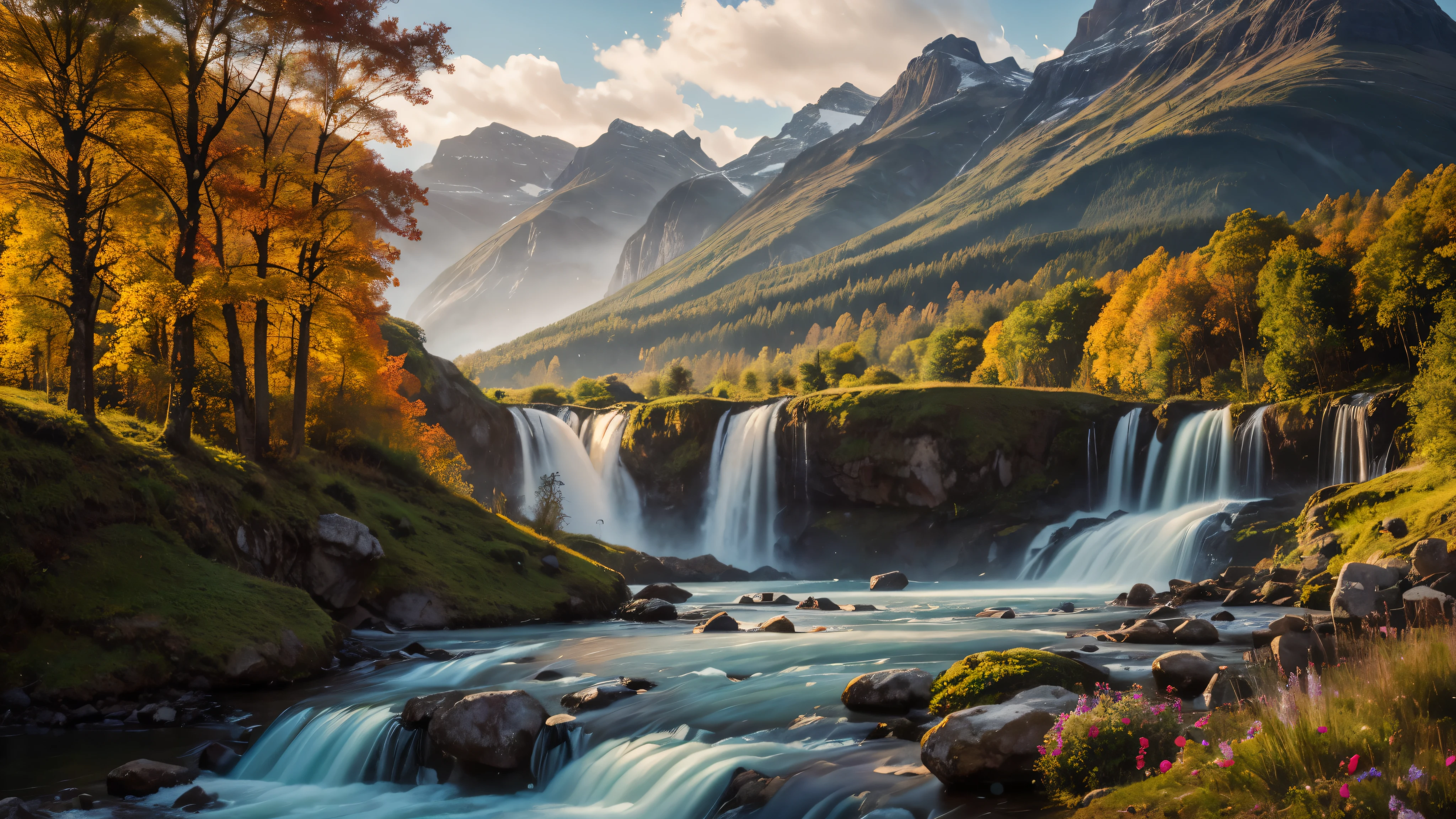 pintura de uma cena de montanha com um riacho e um celeiro vermelho, por Franz Hegi, Stefan Koidl inspirado, vale da montanha, in a vale da montanha, detailed oil painting 8K HD, beautiful matte oil painting, vila escondida na floresta, por Adolf Born, pintura detalhada 4k, Direction: Johannes Voss, Paisagem norueguesa, aldeia na floresta