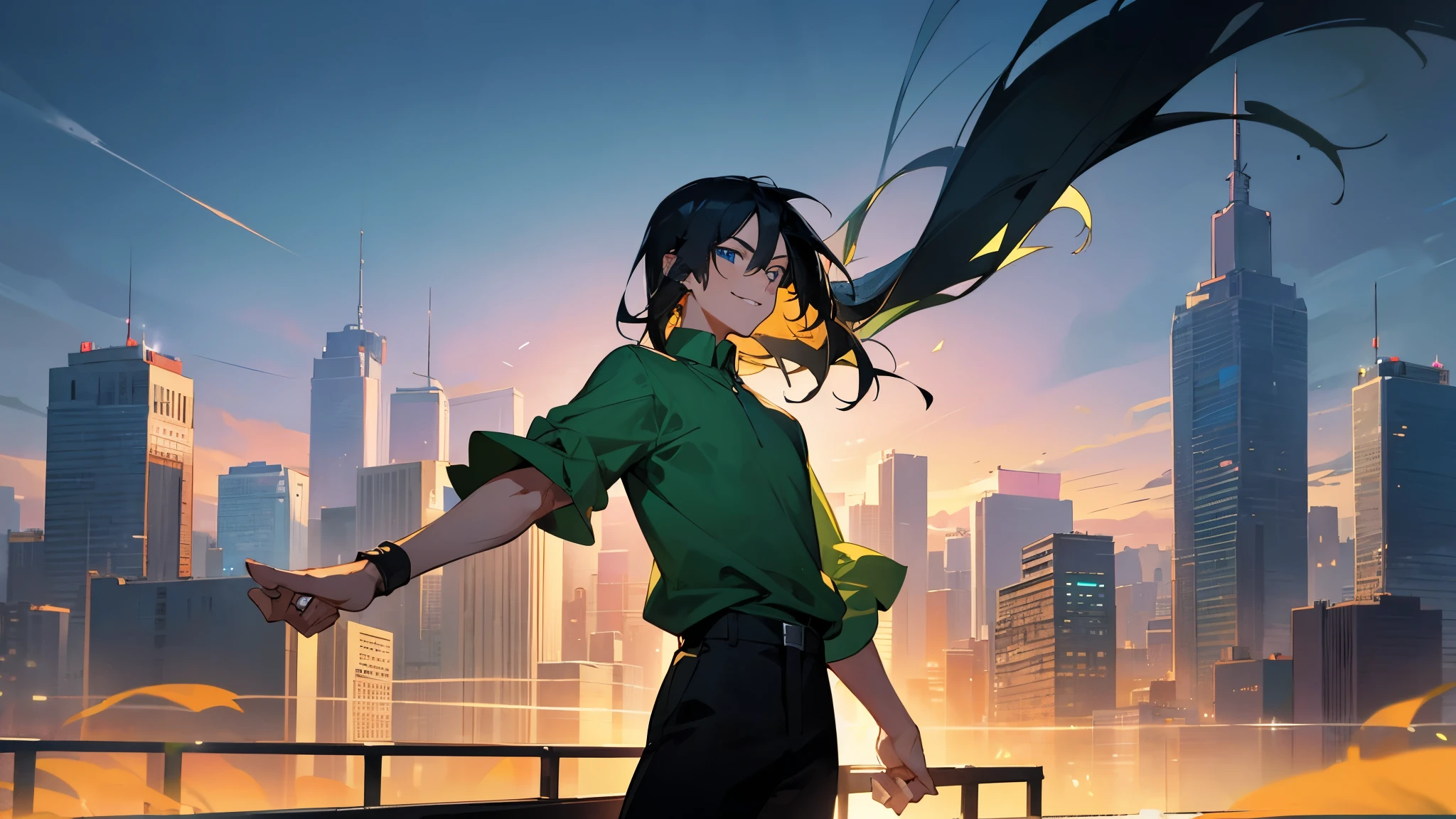 city background, green shirt, black pants, smiling, blue eyes, black hair, straight hair, young male, morning, standing still, arms crossed