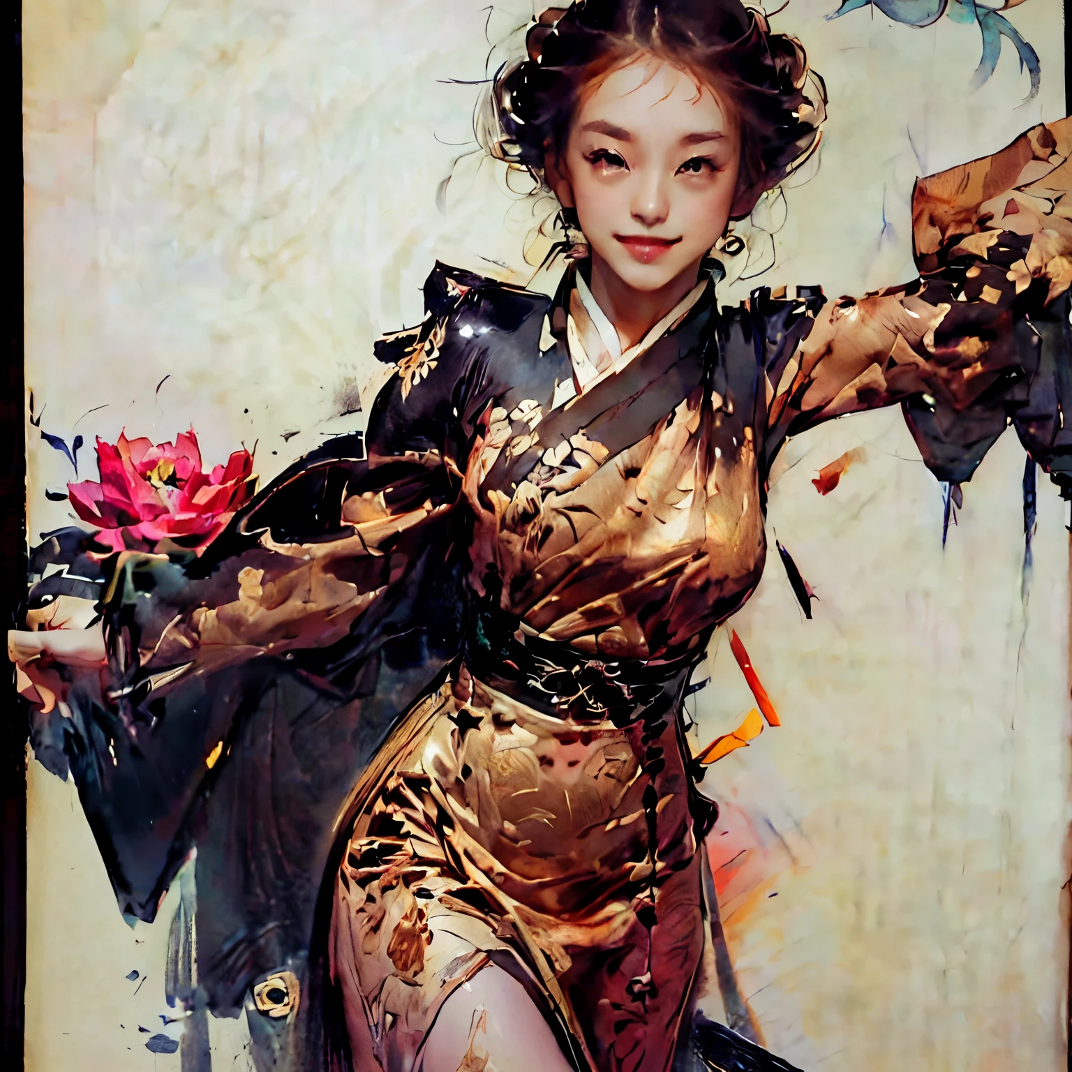 ((Masterpiece, Best quality: 1.2))_((Top quality, oil painting, virtuoso execution, wonderful masters))_((Final fantasy (Yuna),(young girl - 16 years old, nude, full growth, naked body, dark hair, light skin, scarlet lips, smile; black, expressive eyes, long eyelashes))_((Girl with brown hair, dressed; black translucent chiffon dress, gold line, very short peignoir dress ), (calm relaxed pose, hair fluttering in the wind, half turn, looking at the viewer, stylish girl model))_((Beautiful character painting, soft anime computer graphics, realistic anime art, sexy girl, photorealistic anime rendering -girls, painting-realism, digital art))_ ((Background- flower garden, pictorial writing, stylized- virtuoso brushwork, graphic, (stunning; flowers lilies, peonies, chrysanthemumodern style)_(High quality, masterpiece)). ((Create MAxZenArt))!