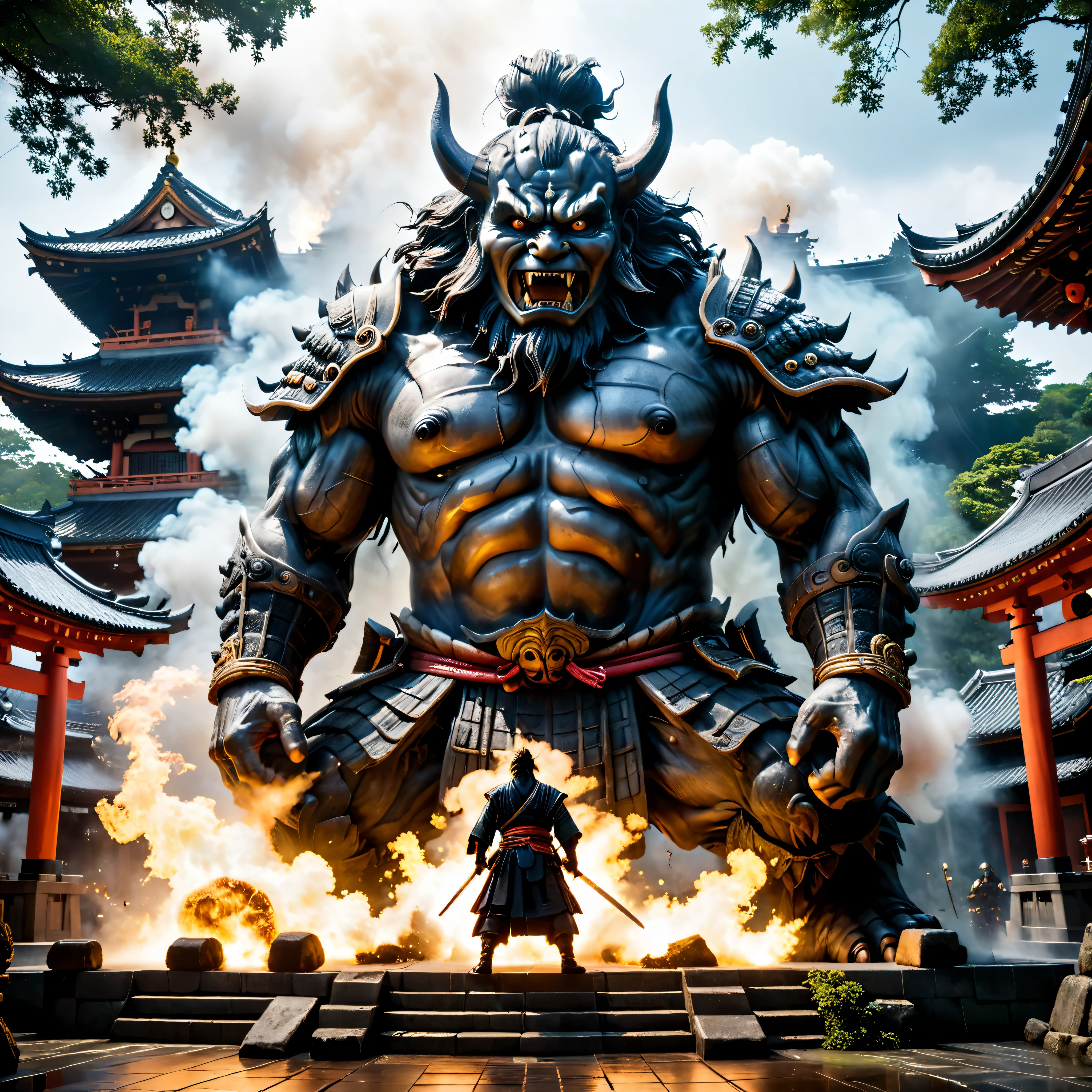 ((Masterpiece in maximum 16K resolution):1.6),((soft_color_photograpy:)1.5), ((Ultra-Detailed):1.4),((Movie-like still images and dynamic angles):1.3),((final showdown scene):1.1) | (Cinematic photo of a samurai facing a giant yokai monster at a temple), (cinematic lens), (samurai), (giant yokai), (shimmer), (tyndall effect), (smoke), (visual experience), (Realism), (Realistic), award-winning graphics, dark shot, film grain, extremely detailed, Digital Art, rtx, Unreal Engine, scene concept anti glare effect, All captured with sharp focus.