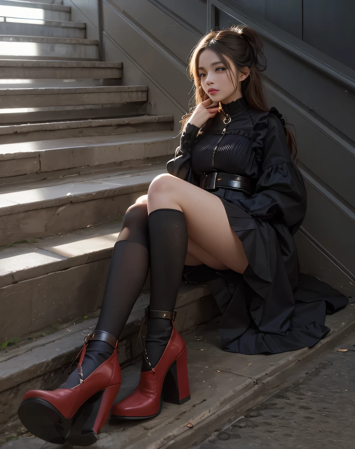 chica de pelo suelto, ancho, gothic dress, falda corta, botas negras, piernas ligeramente abiertas, cara delicada