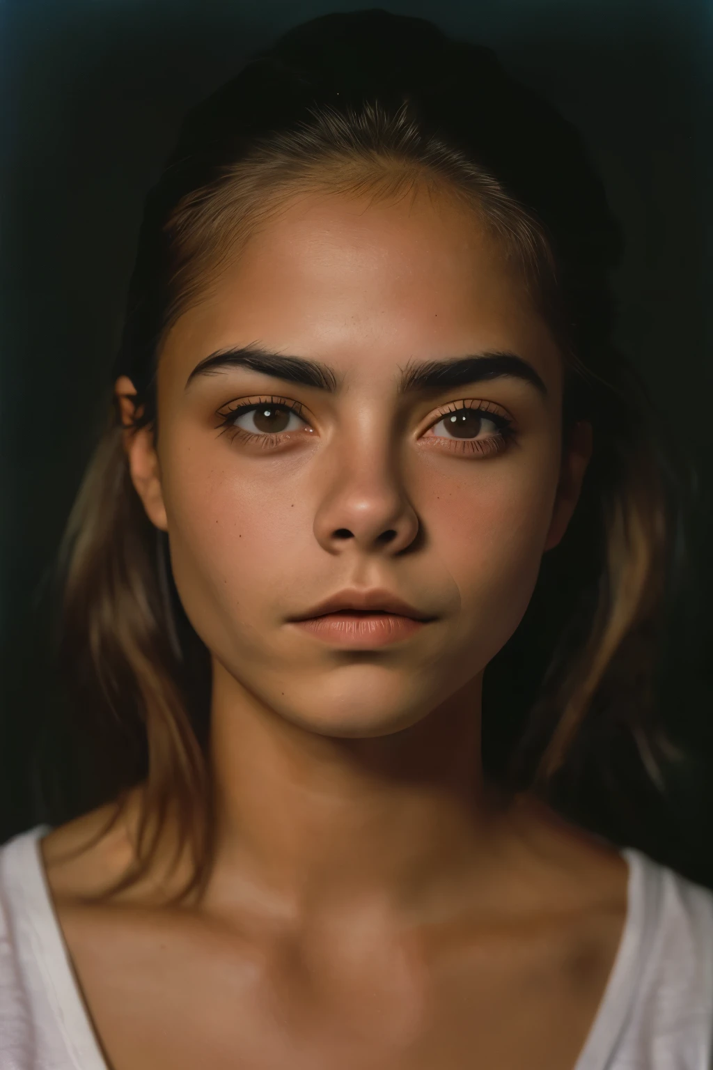 (de cerca, Editorial photograph of a 21-year-old woman.), (cara muy detallada:1.4) (sonrisa:0.7) (fondo dentro oscuro, malhumorado, estudio privado:1.3) tirar, por lee jeffries, nikon d850, film stock photography ,4 codas portra 400 ,F1 camera.6 lentes ,Colores ricos ,hyper realistic ,textura realista, dramatic lighting , cinestill 800,