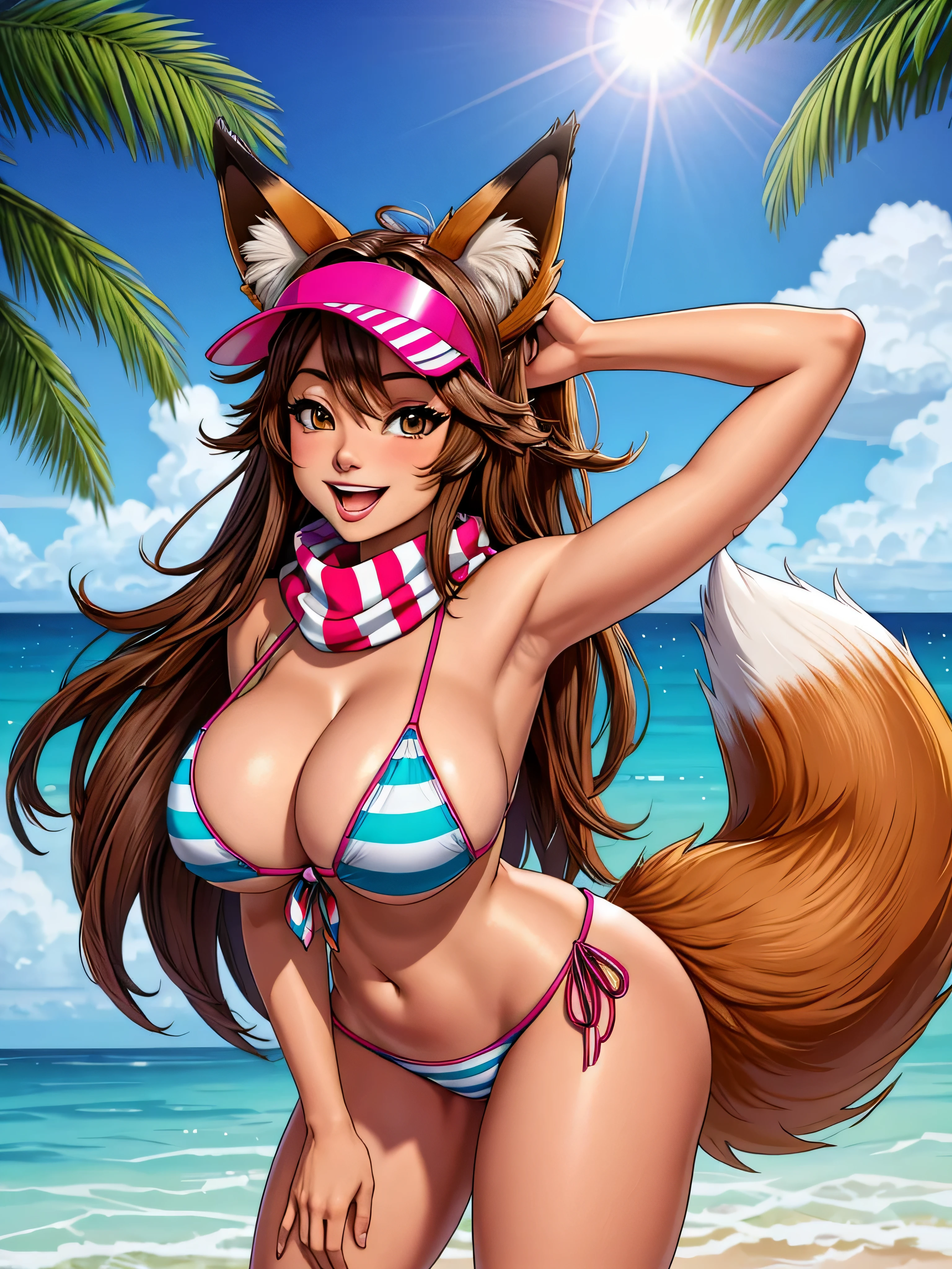 masterpiece, highres, animal ears, tail, 1girl, swimsuit, bikini, palm tree, fox tail, shorts, fox ears, scarf, striped bikini, tree, open mouth, smile, front-tie top, striped, front-tie bikini, animal ear fluff, solo, long brown hair, ocean, day, visor cap, cloud, sky, booty shorts, blue sky, fox tail, (gigantic breasts:1.0), fox girl, water, leaning forward, navel, fox ears, 