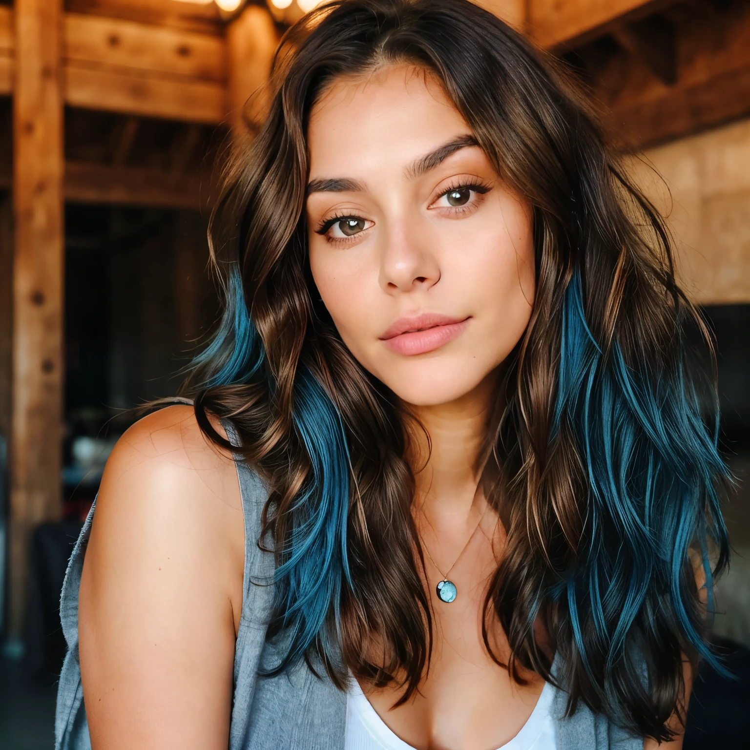 Beautiful brunette with brown strands, Close-up face portrait (22, Unschuldiges Gesicht, Natural wavy hair, blaue Augen) Foto im RAW-Format, beautiful Latina, Langes braunes Haar mit blonden Enden, Erstellen Sie ein atemberaubendes diffuses Bild. Instagram-Influencer, Influencer
