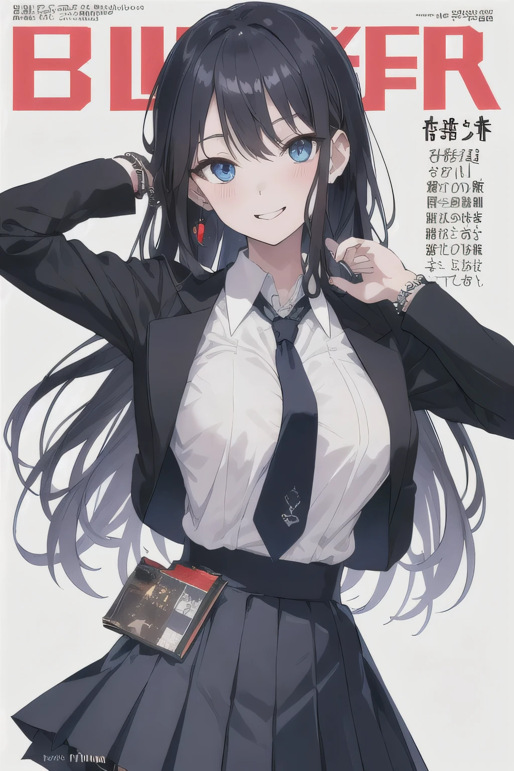 masterpiece, best quality, whole body, 1 girl, Bangs, 白色long hair, 黑色skirt, blush, bracelet, Chest, clothes about waist, clavicle, collared shirt, cowboy shooting, dress shirt, ear punching, Eyebrows visible through hair, gradient hair, promote, jewelry, someone, long hair, looking at the audience, loose tie, tie, punching, lattice, lattice skirt, pleated skirt, blue eyes, ring, uniform, shirt, skirt, Smile, alone, white shirt, street, Sky,illustration, (Magazine:1.3), (cover-style:1.3), Fashionable, miss, Full set of equipment, posture, front, colorful, Dynamic, background, element, confident, Express, Keep, statement, Accessories, majestic, coiled, about, touch, Scenes, text, cover, big胆的, striking的, title, fashionable, font, catchy, title, big, striking, modern, trend, focus, Fashion,