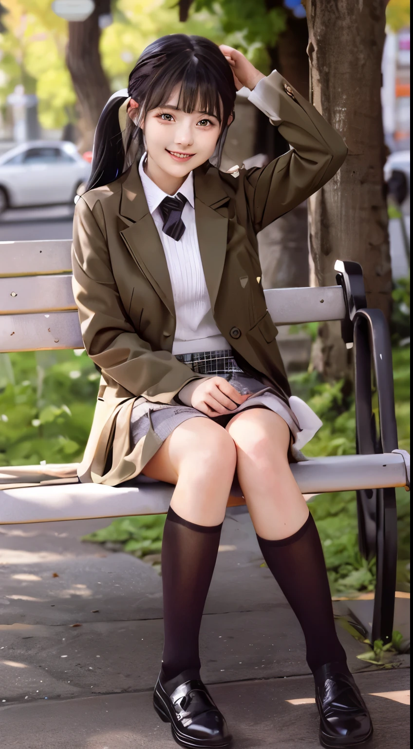 A neat and beautiful woman sitting on a park bench、black hair、refreshing smile、smiling showing teeth、full body photo、blazer is black