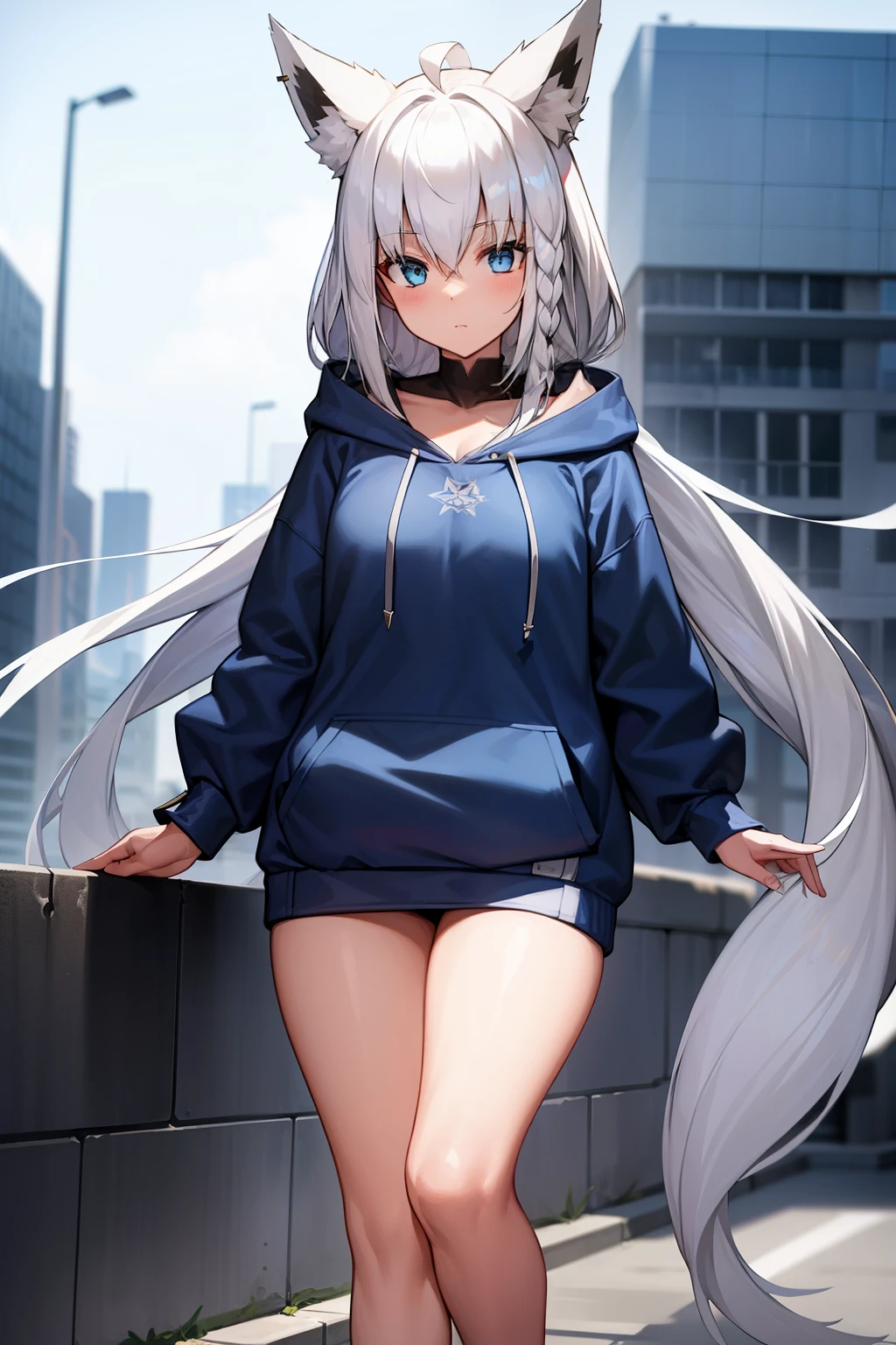 girl, fubuki1, white hair, long hair, fox ears, blue eyes, fox tail, foxgirl, casual outfit, blue hoodie, oversized hoodie, white thigh-highs