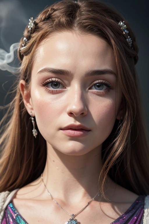 Sansa Stark, soaring female figure made of ribbons, smoke, in the sky, colorful and bright, mystical colors, modern impressionism, iridescent painting, 3/4 perspective view, cute face, low angle, wide swirling composition, big beautiful crystal eyes, large iris, UHD, HDR, 8K, (Masterpiece: 1. 5), (World's most beautiful portrait: 1.5)