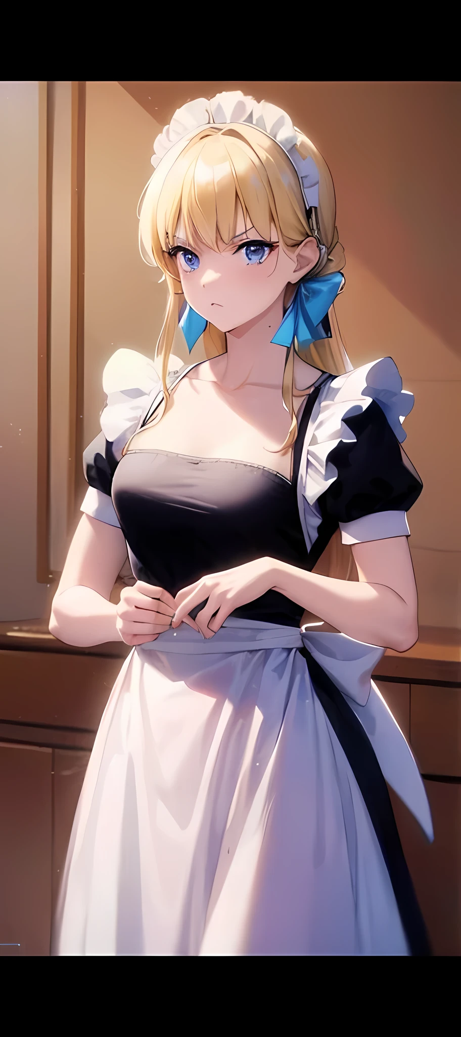 Anime girl dressed as a maid has blonde hair that falls in soft waves down to her shoulders. His eyes are a deep shade of blue, conveying an aura of mystery and charm. She wears a traditional maid uniform, in a black dress adorned with white ruffles and a white apron tied with a graceful bow at the waist. Her accessories include a delicate tiara with a small white bow.., perfectly complementing your elegant and captivating appearance, She has an angry expression.