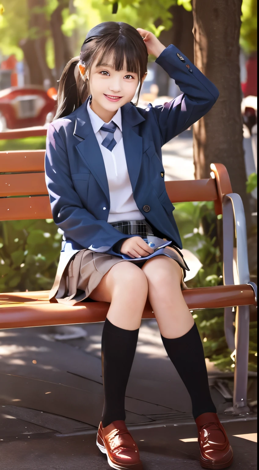 A neat and beautiful woman sitting on a park bench、black hair、refreshing smile、smiling showing teeth、full body photo