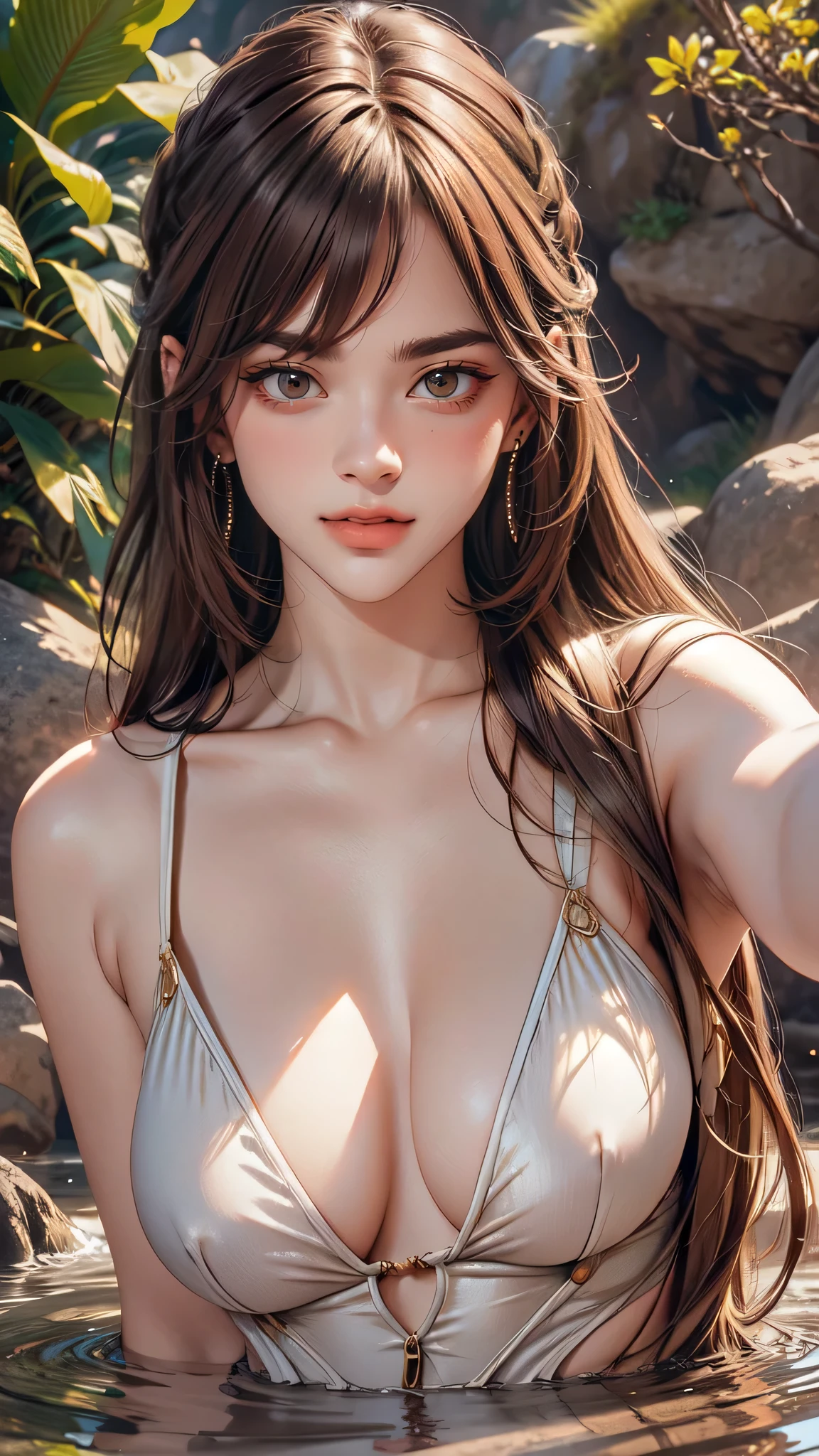 From above,overhead shot,hot spring,(Liar),(behind),1 girl,(highly detailed skin),beautiful胸,(big breasts),white skin,pointed chest,erect nipples,(fantasy art,best image quality,surrealist portrait,(8k),Super realistic,最high quality, high quality, High resolution, high quality texture,high detail,beautiful,Detailed,Very detailed CG,detailed texture,realistic expression of face,masterpiece,sense of presence,dynamic,bold),(super thin hair),(super soft hair),(ultra straight hair:1.5),long flowing bangs,extra light coppery amber hair,hair above one eye,dressed,baggy t-shirt,swimsuit